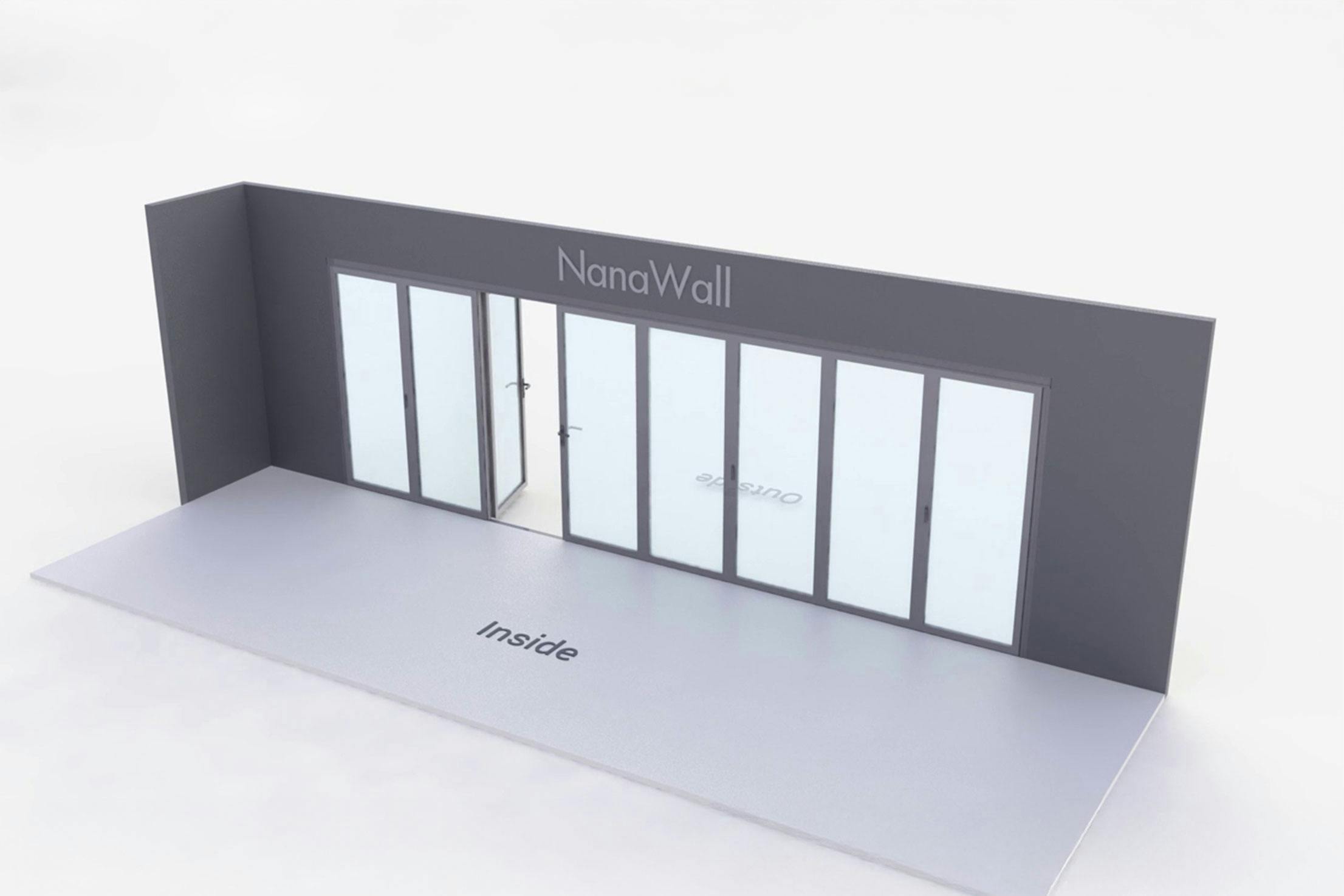 NanaWall eight-panel folding glass door, outward opening, 3 panel left and 5 panels right (o3L5R) 
