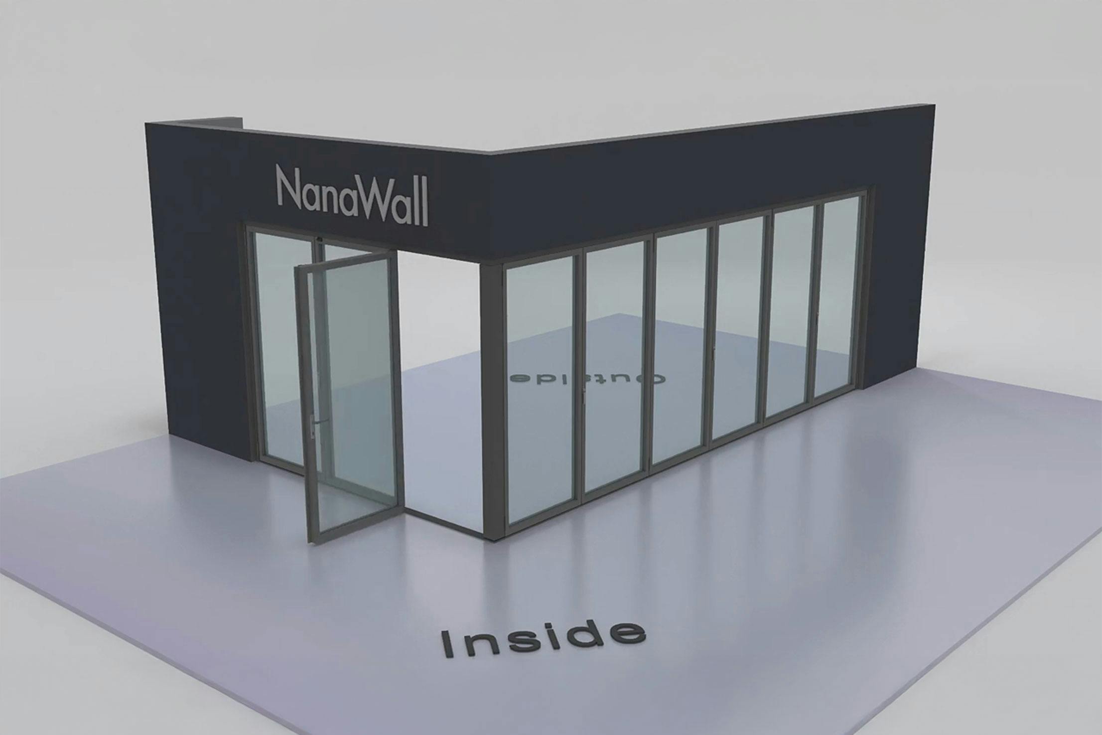 NanaWall ten-panel folding glass door, inward opening, 3 panels folding left and 6 panel folding right (i3L6R)
