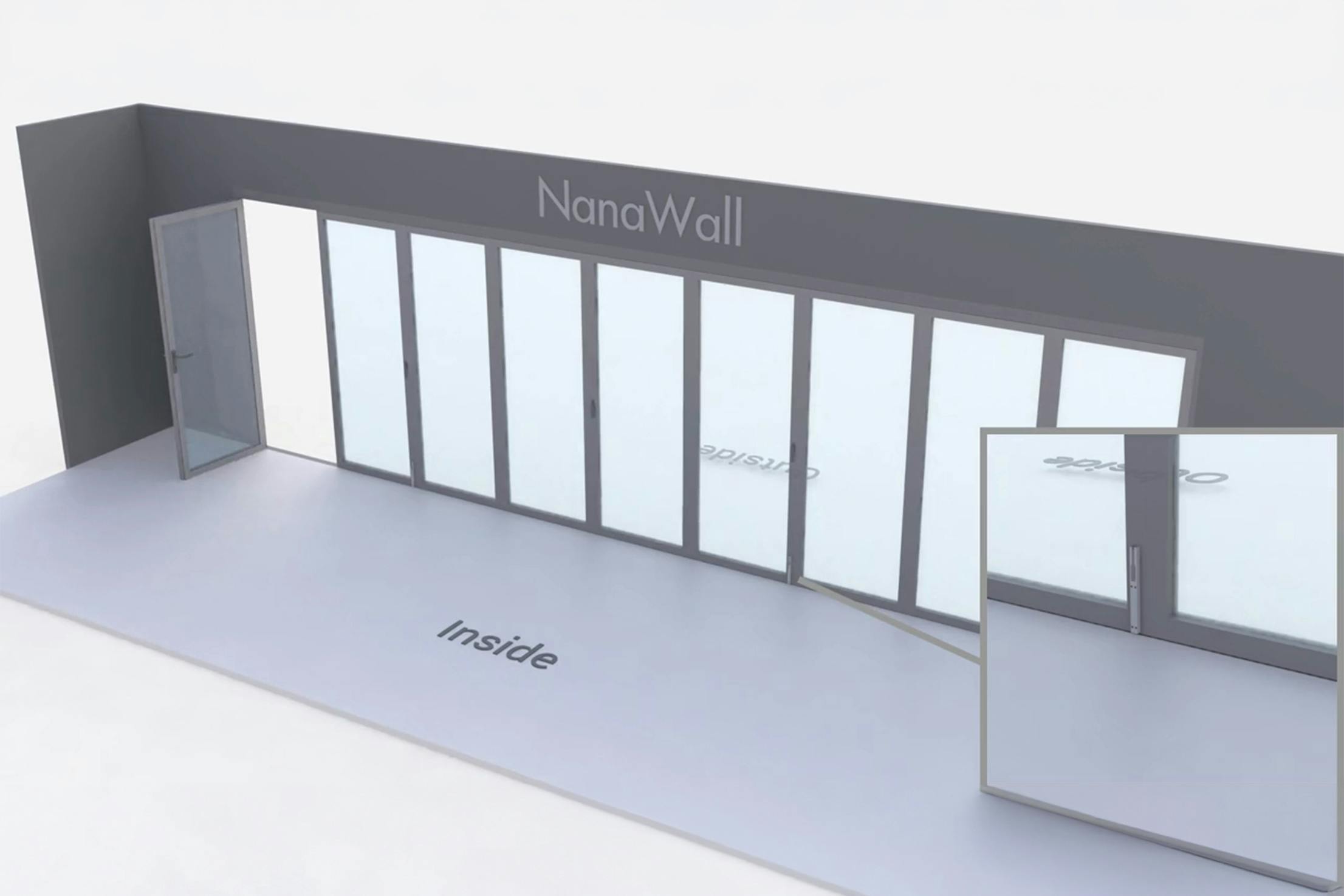 NanaWall Fourfold configuration: 9-panel folding glass door, inward opening; 1 panel folds left and two 4-panel sets fold left/right (i1L, 4LR, 4LR)