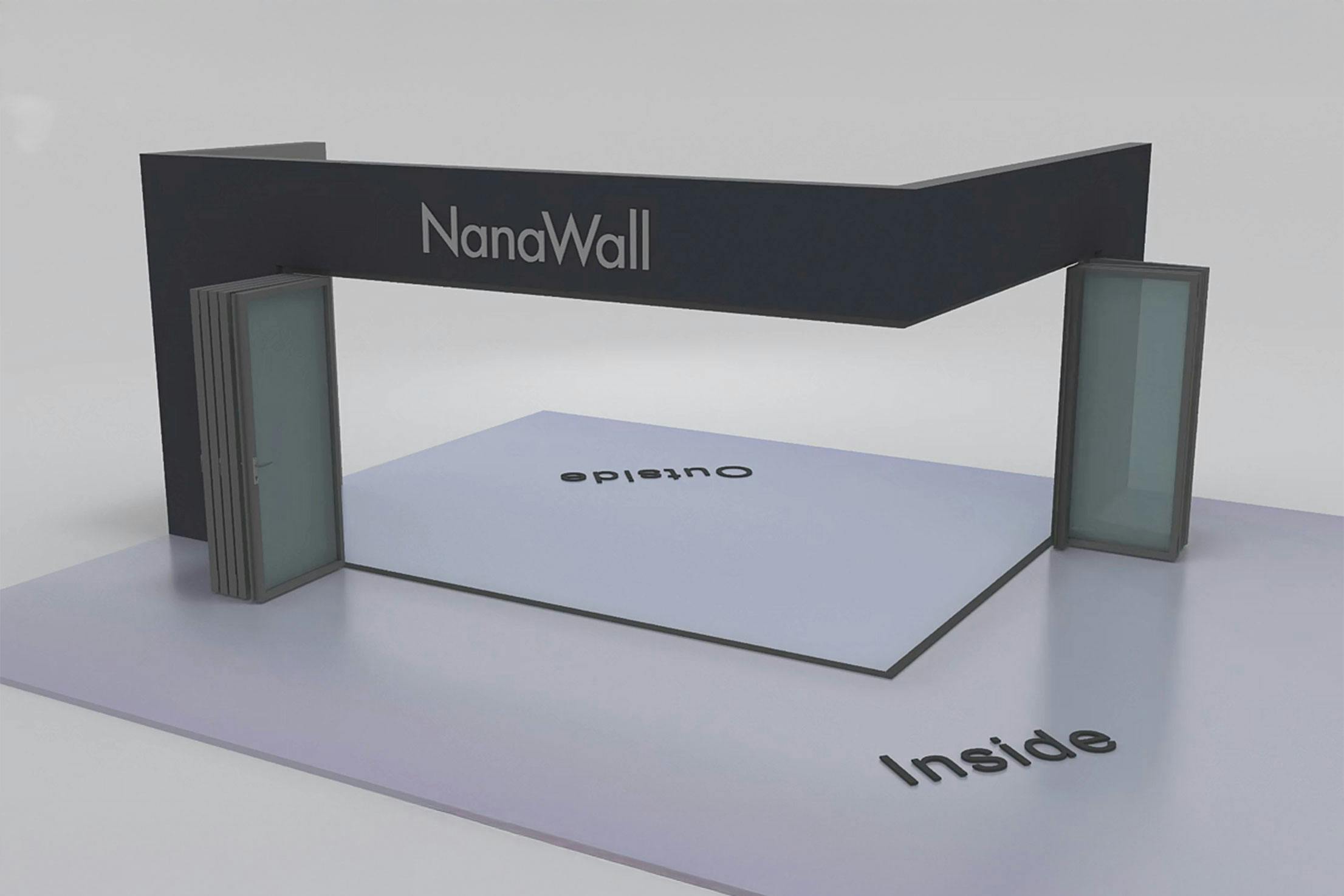 NanaWall nine-panel folding glass door, inward opening, 5 panels folding left and 4 panels folding right (i5L4R)