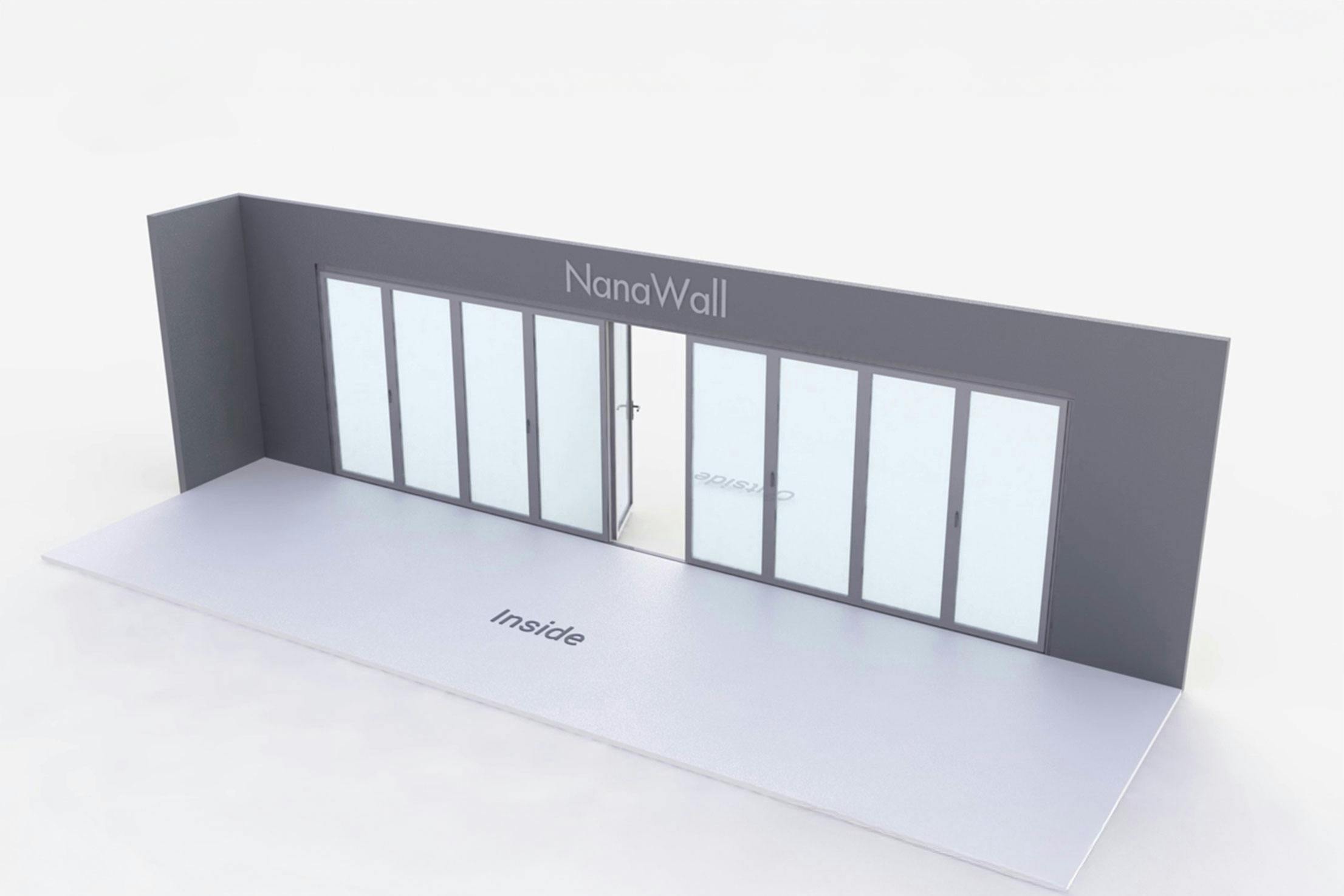 NanaWall nine-panel folding glass door, outward opening; 5 panels folding left, 4 panels folding right (o5L4R)