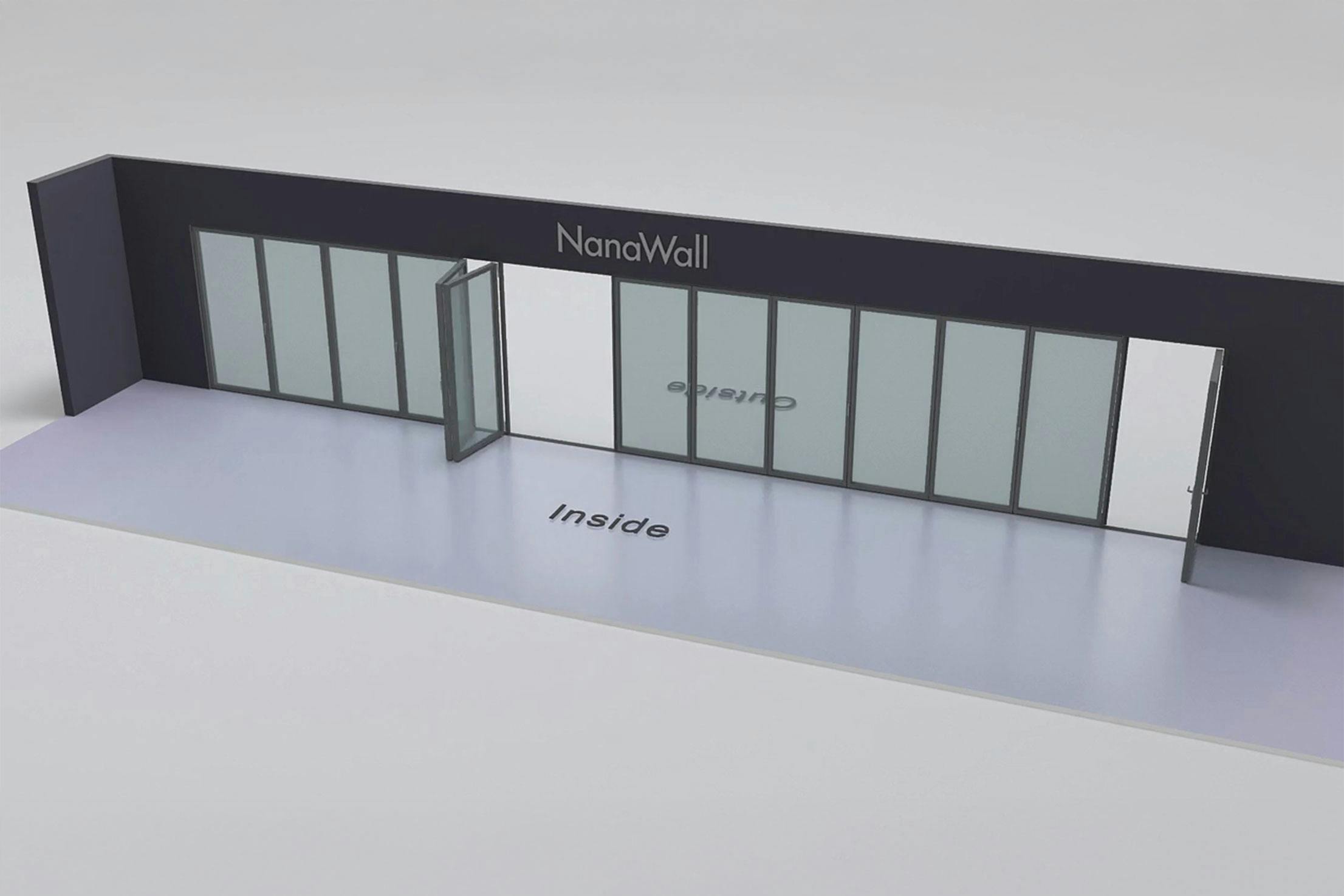NanaWall thirteen-panel folding glass door, inward opening; 6 panels folding left, 6 panels folding left and right, and 1 panel folding right (i 6L 6LR 1R)