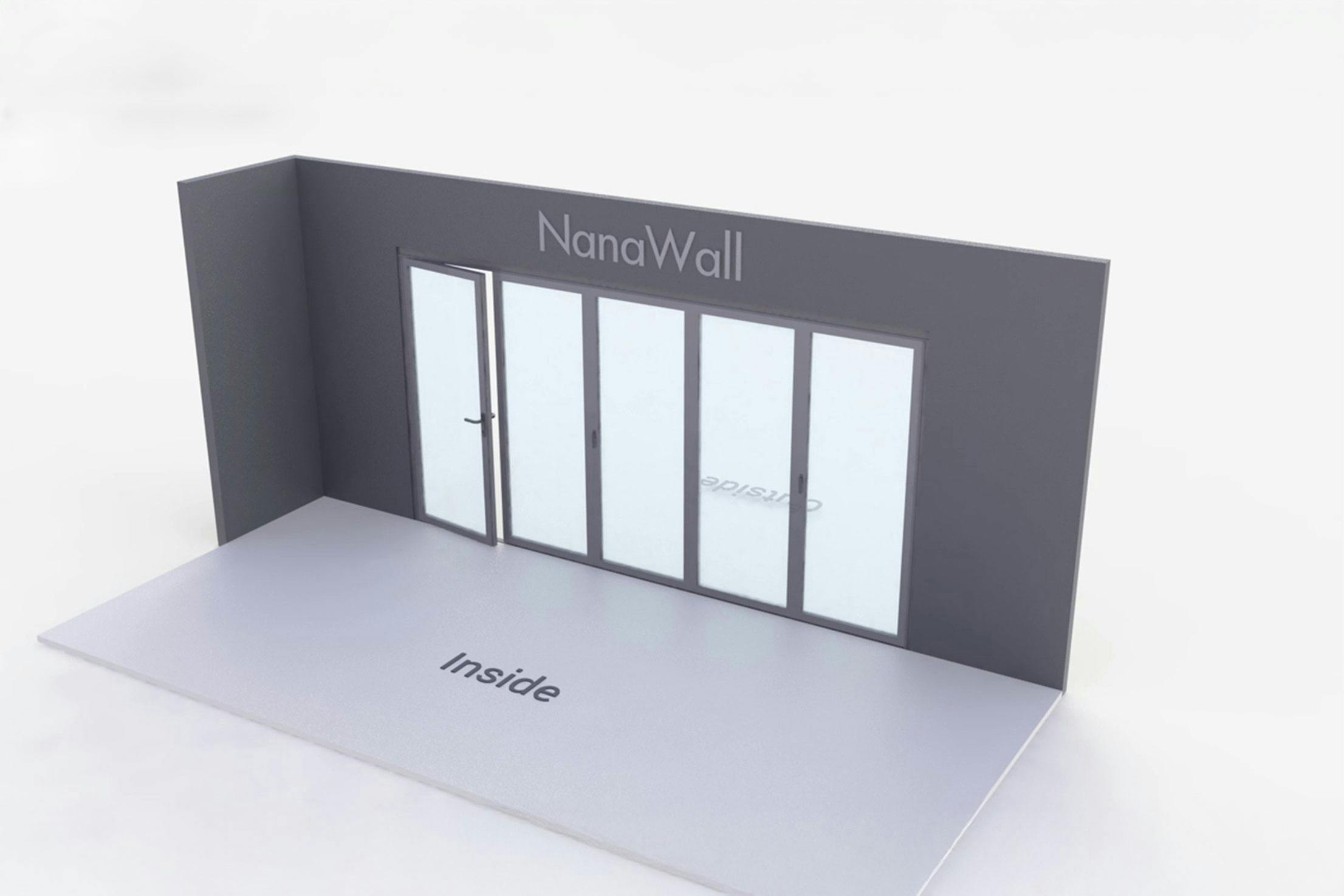 NanaWall five-panel folding glass door, inward opening; 1 panel folding left, 4 panels folding right (i1L4R)