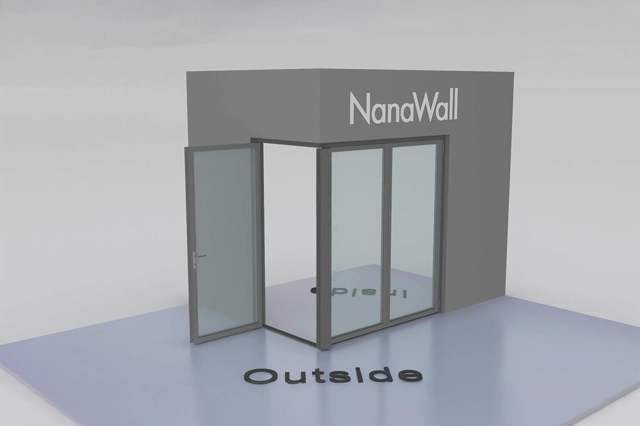NanaWall three-panel folding glass door, outward opening, 2 panels left and 1 panel right (o2L1R)