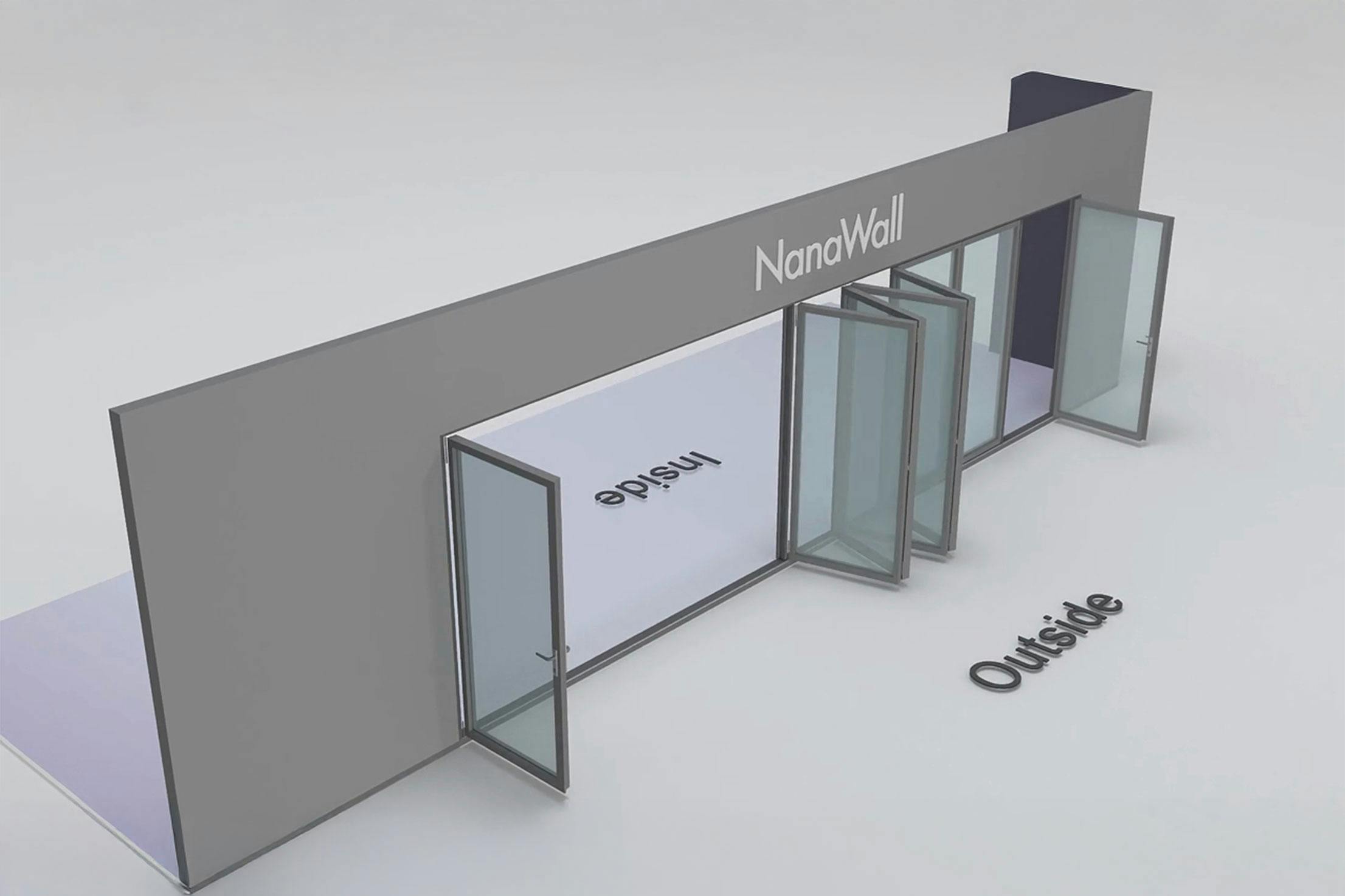 NanaWall eight-panel folding glass door, outward opening; 1 panel folding left, 6 panels folding right and left, and 1 panel folding right (o 1L 6LR 1R)