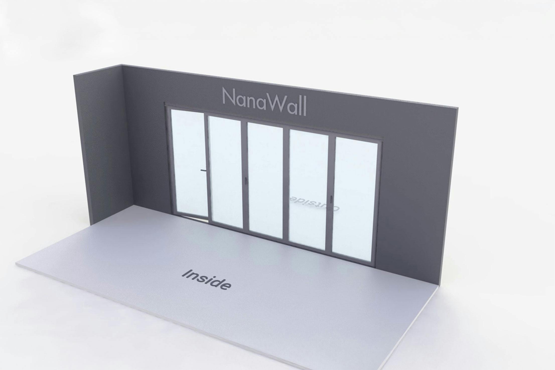 NanaWall five-panel folding glass door, outward opening, 1 panel left and 4 panels right (o1L4R)