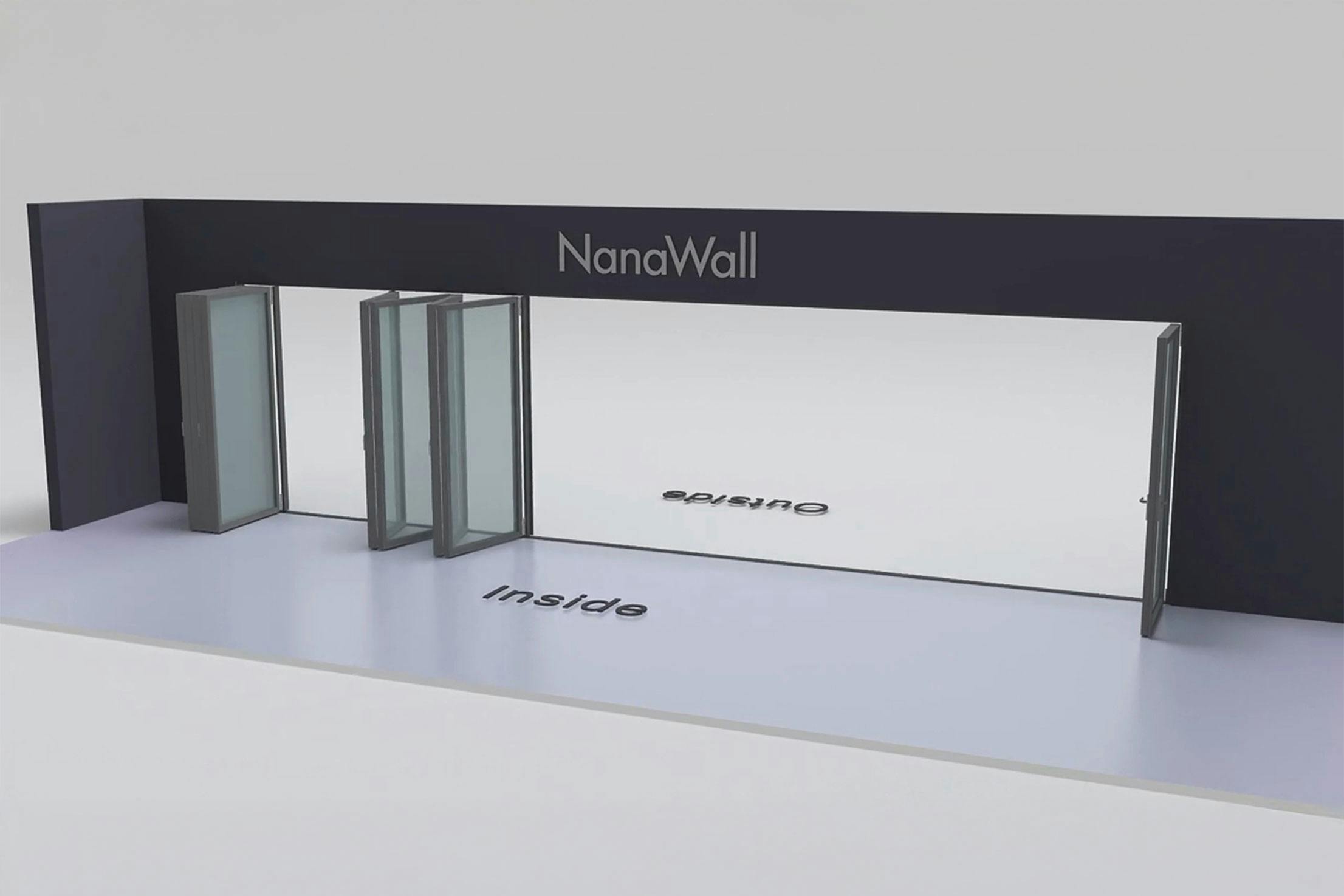 NanaWall nine-panel folding glass door, inward opening; 4 panels folding left, 4 panels folding left and right, 1 panel folding right (i 4L 4LR 1R)