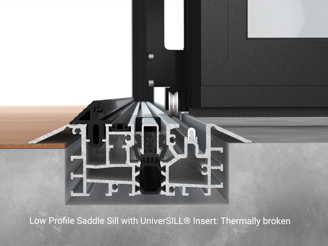 Thermally broken low profile saddle sill with UniverSILL insert for NanaWall NW Aluminum 640, designed for heel protection, drainage, and durability