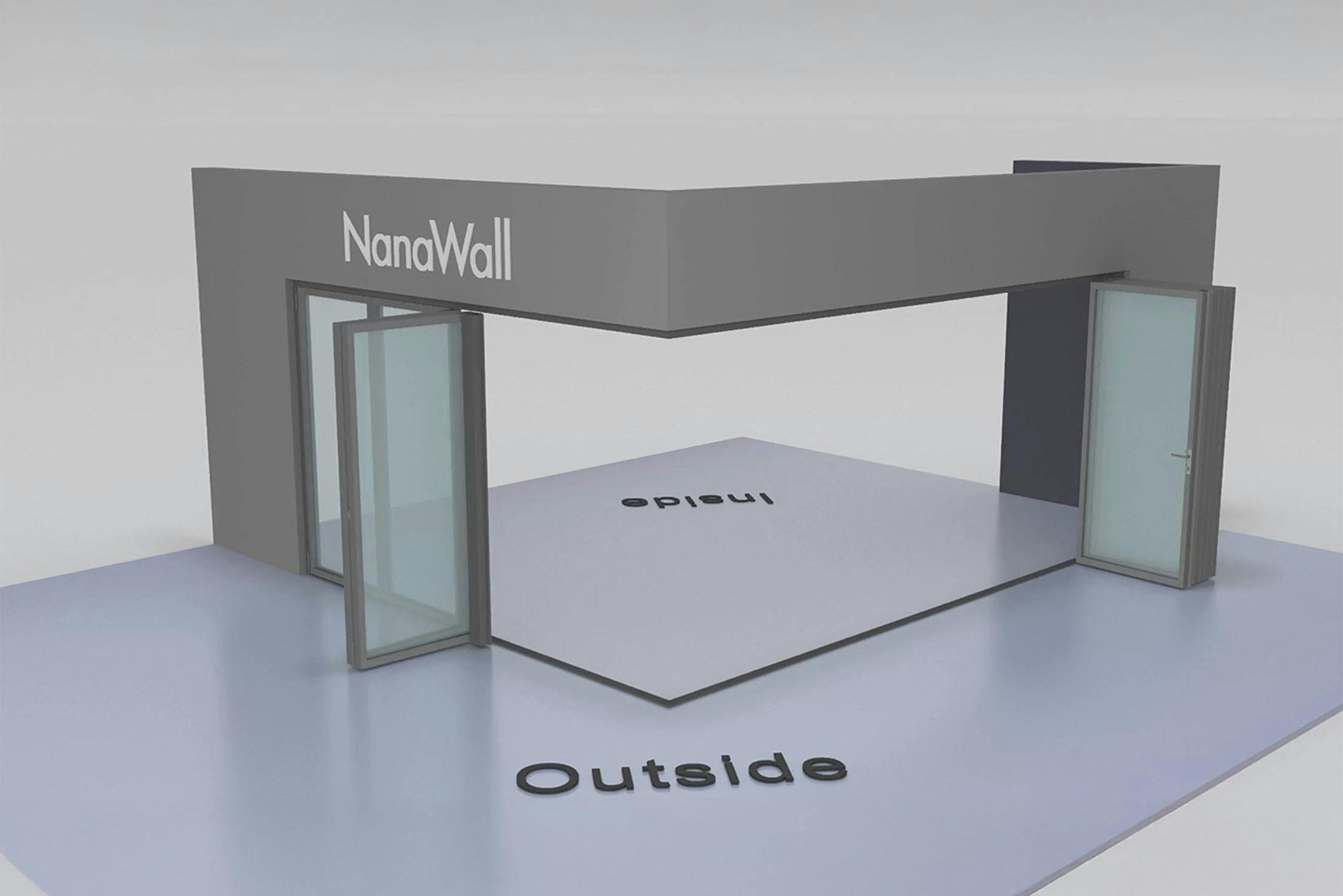 NanaWall open corner configuration: 9-panel folding glass door, outward opening; 5 panels fold left and 4 panels fold right (o5L4R)
