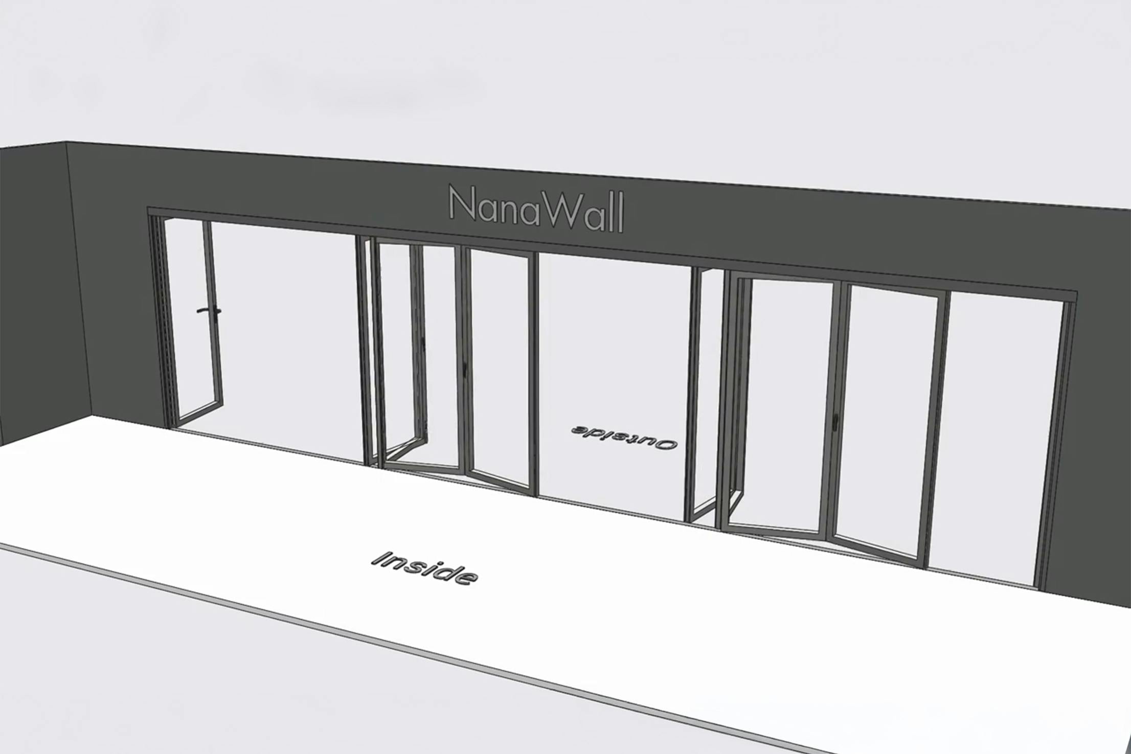 NanaWall Fourfold configuration: 10-panel folding glass door; 1 panel folds left, two 4-panel sets fold left/right, and 1 panel folds right (1L, 4LR, 4LR, 1R)