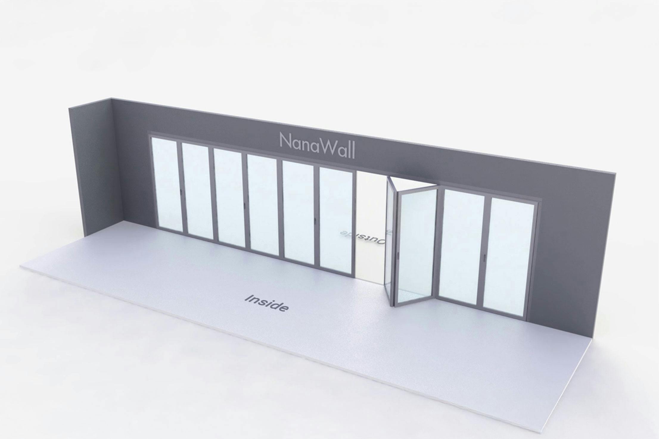 NanaWall standard configuration: 10-panel folding glass door, inward opening; 6 panels fold left and 4 panels fold right (i6L4R)