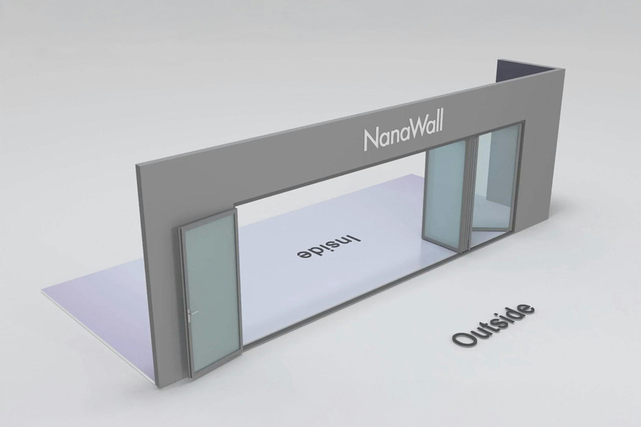 NanaWall inward/outward combination: 7-panel folding glass door; 6 panels open inward to the left and 1 panel opens outward to the right (i6L, o1R)