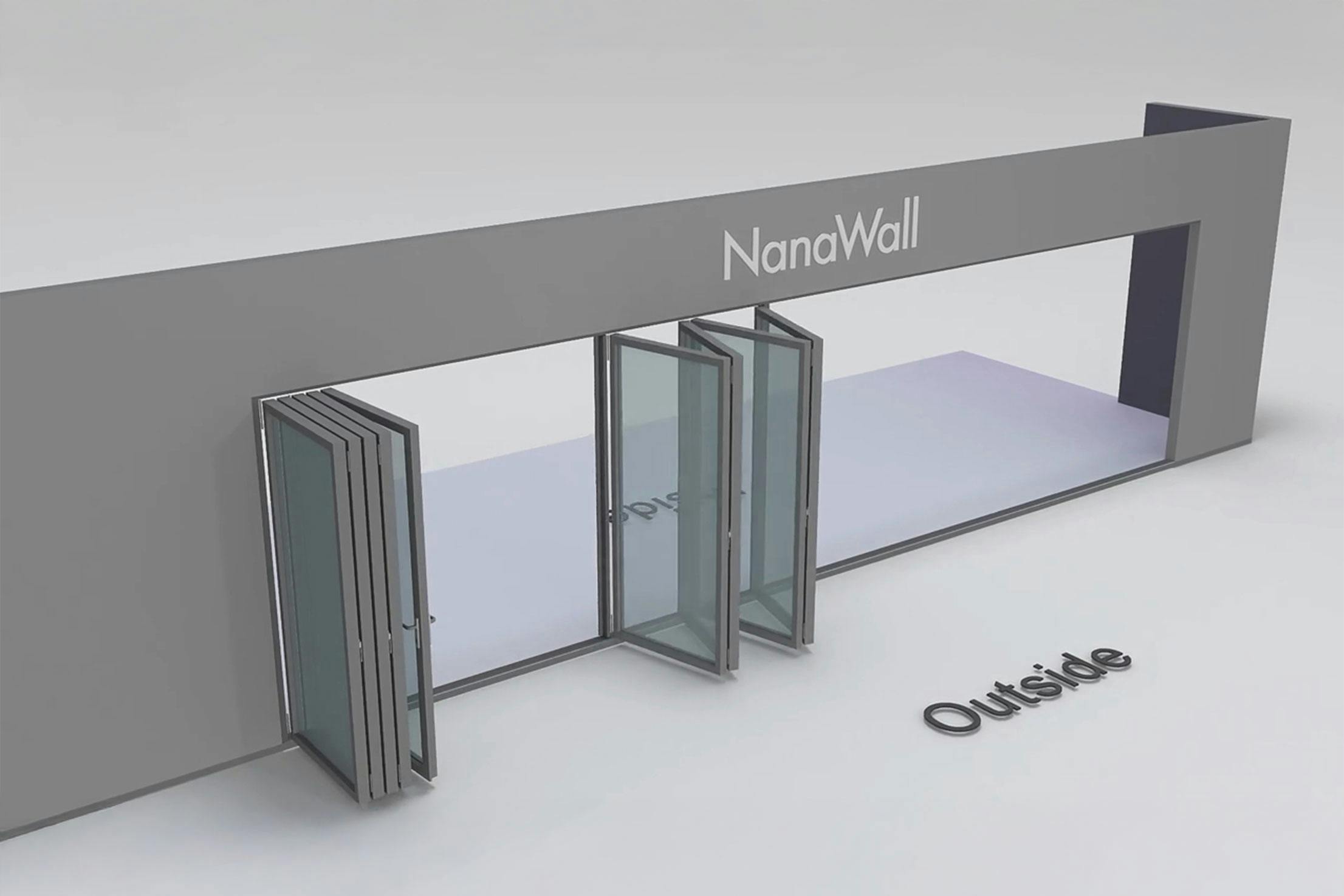 NanaWall 9-panel folding glass door, outward opening; folding sets: 4LR and 5R (Fourfold/Sixfold; o4LR, 5R).