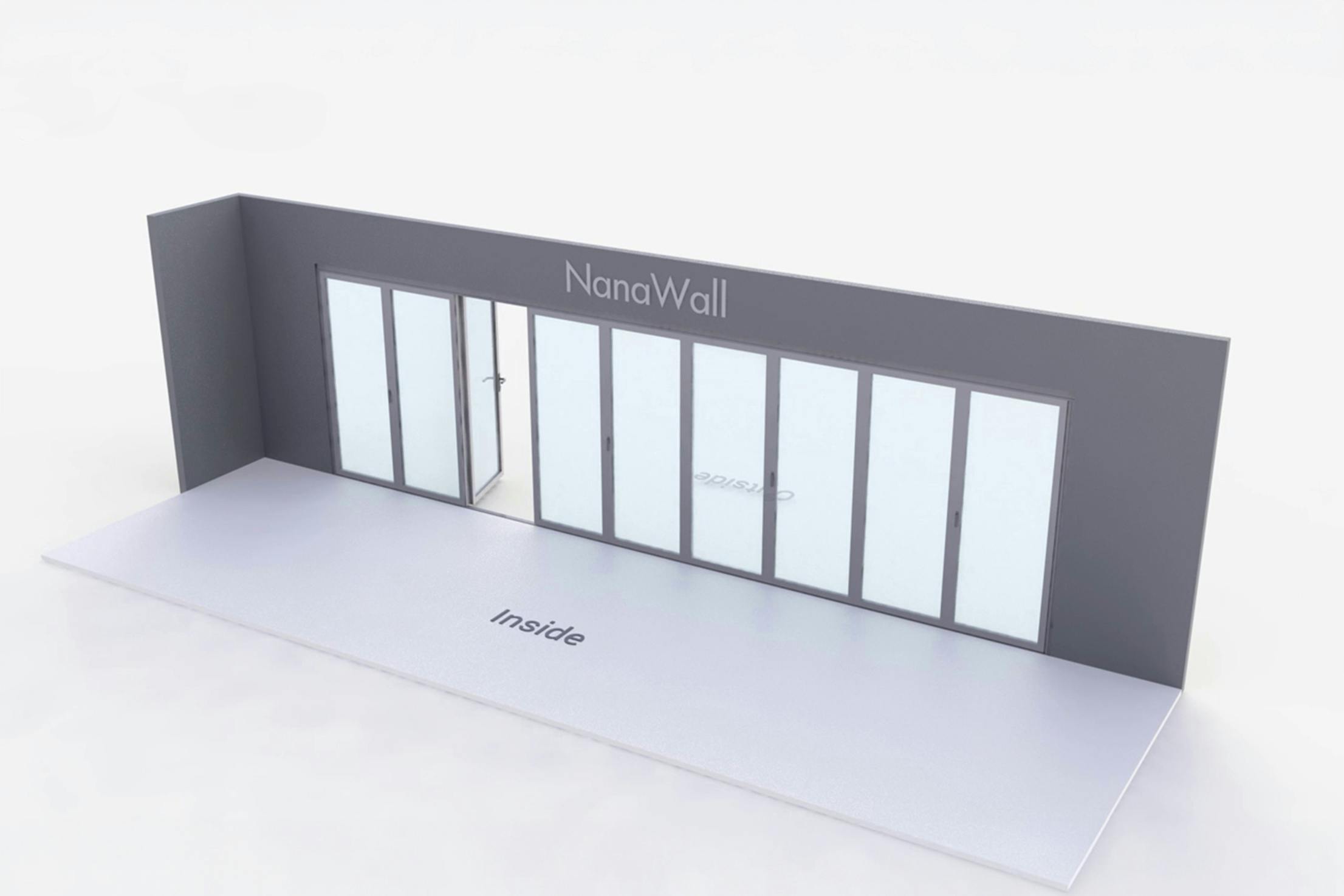 NanaWall standard configuration: 9-panel folding glass door, outward opening; 3 panels fold left and 6 panels fold right (o3L6R)