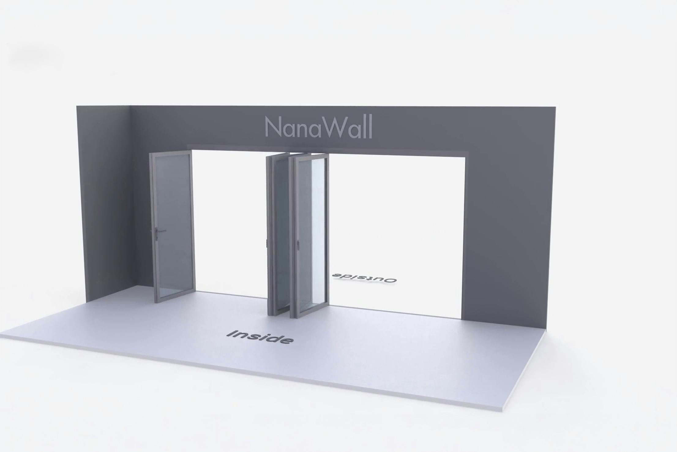 NanaWall Fourfold configuration: 5-panel folding glass door, inward opening; 1 panel folds left and 4-panel set folds left/right (i1L, 4LR)