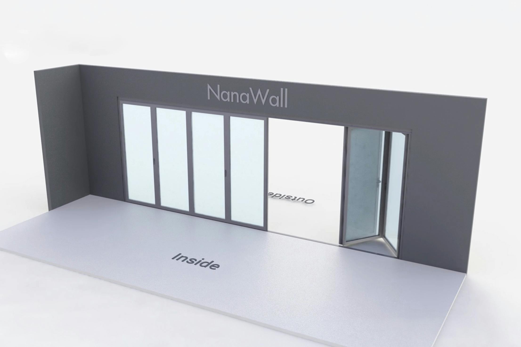 NanaWall standard configuration: 7-panel folding glass door, outward opening; 4 panels fold left and 3 panels fold right (o4L3R)
