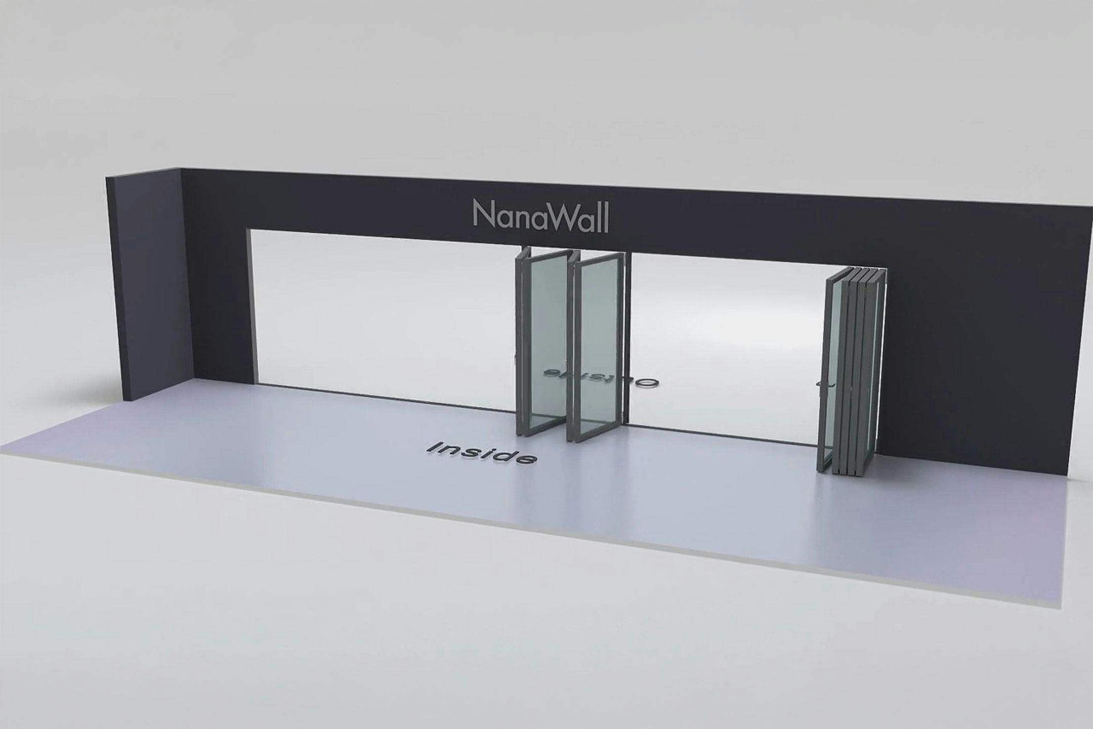 NanaWall Fourfold configuration: 9-panel folding glass door, inward opening; 4-panel set folds left/right and 5 panels fold right (i4LR, 5R)