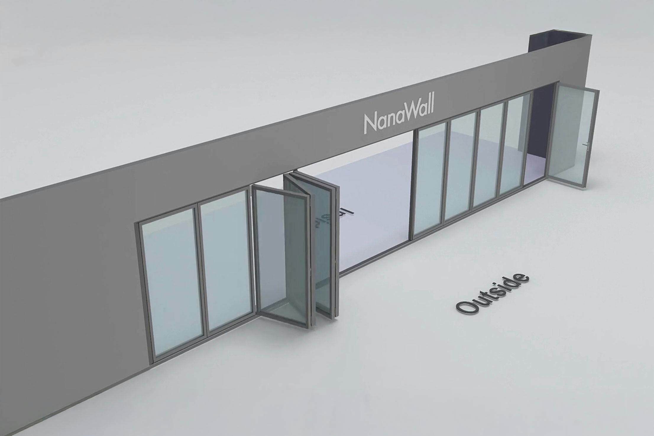 NanaWall Fourfold/Sixfold configuration: 11-panel folding glass door, outward opening; 1 panel folds left, 4-panel set folds left/right, and 6-panel set folds left/right (o1L, 4LR, 6LR)