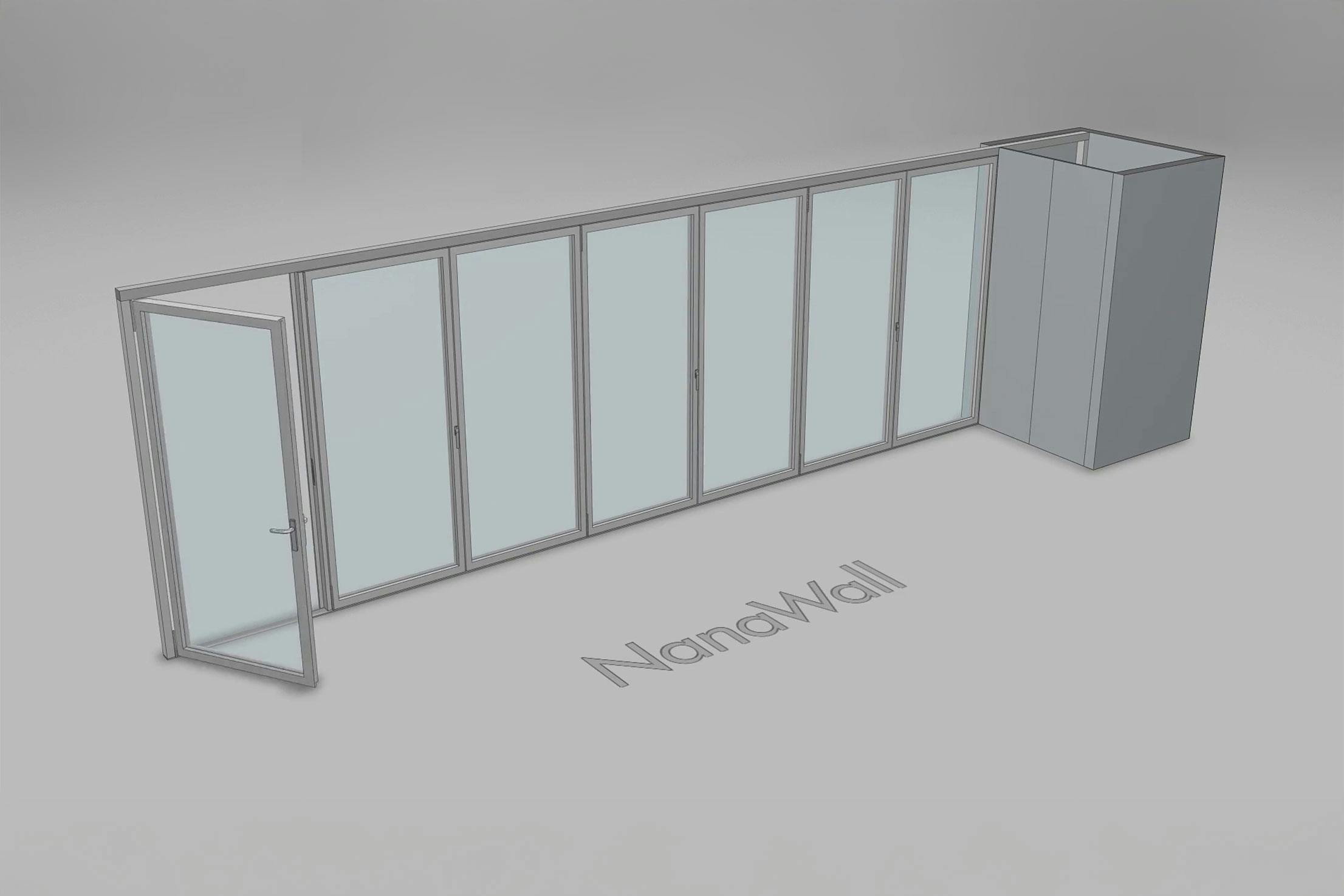 NanaWall pocketing configuration: 7-panel folding glass door, inward opening; 1 panel folds left and 6-panel set folds left/right (i1L, 6LR).