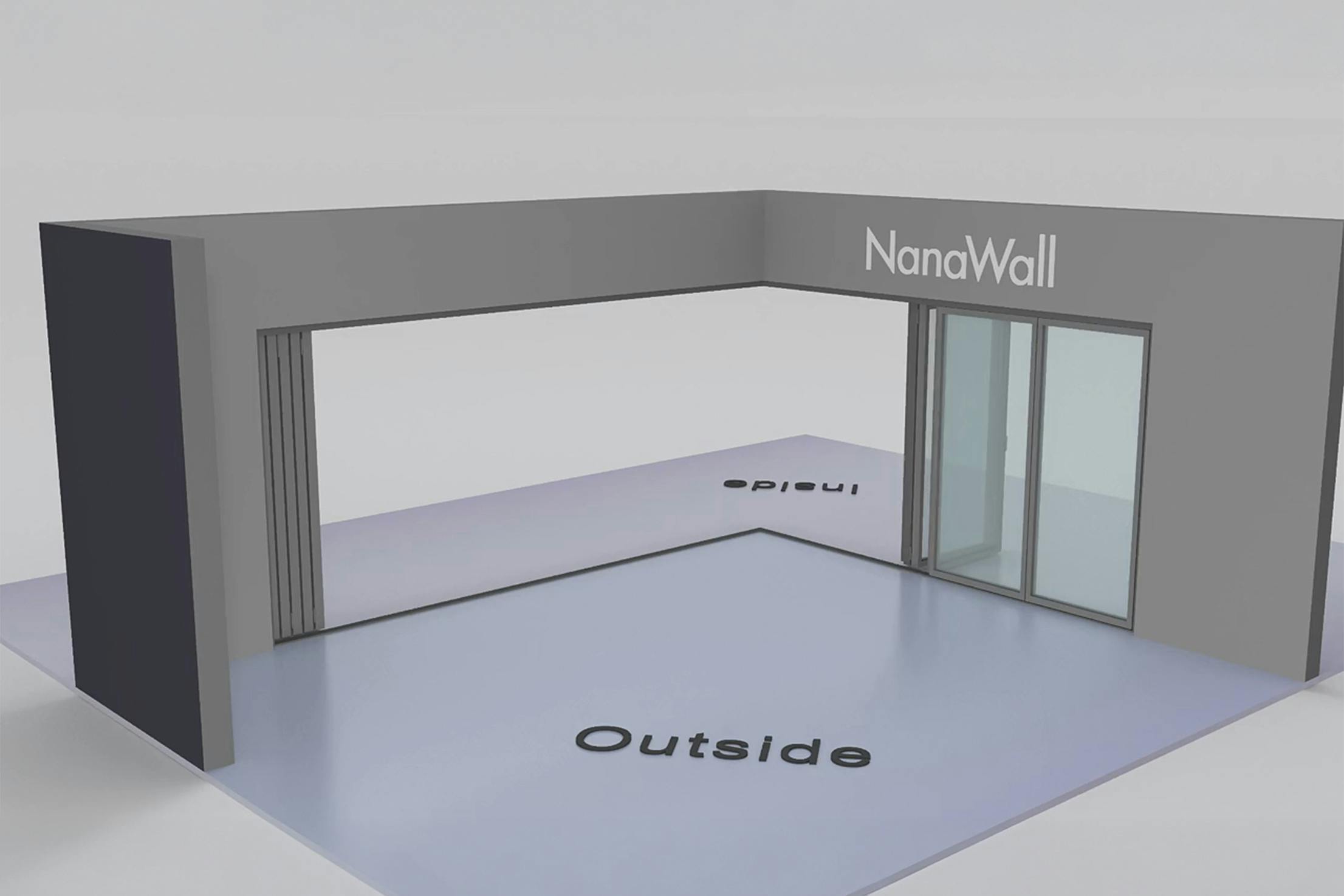 NanaWall open-corner configuration: 9-panel folding glass door, inward opening; 4 panels fold left and 5 panels fold right (i4L5R)