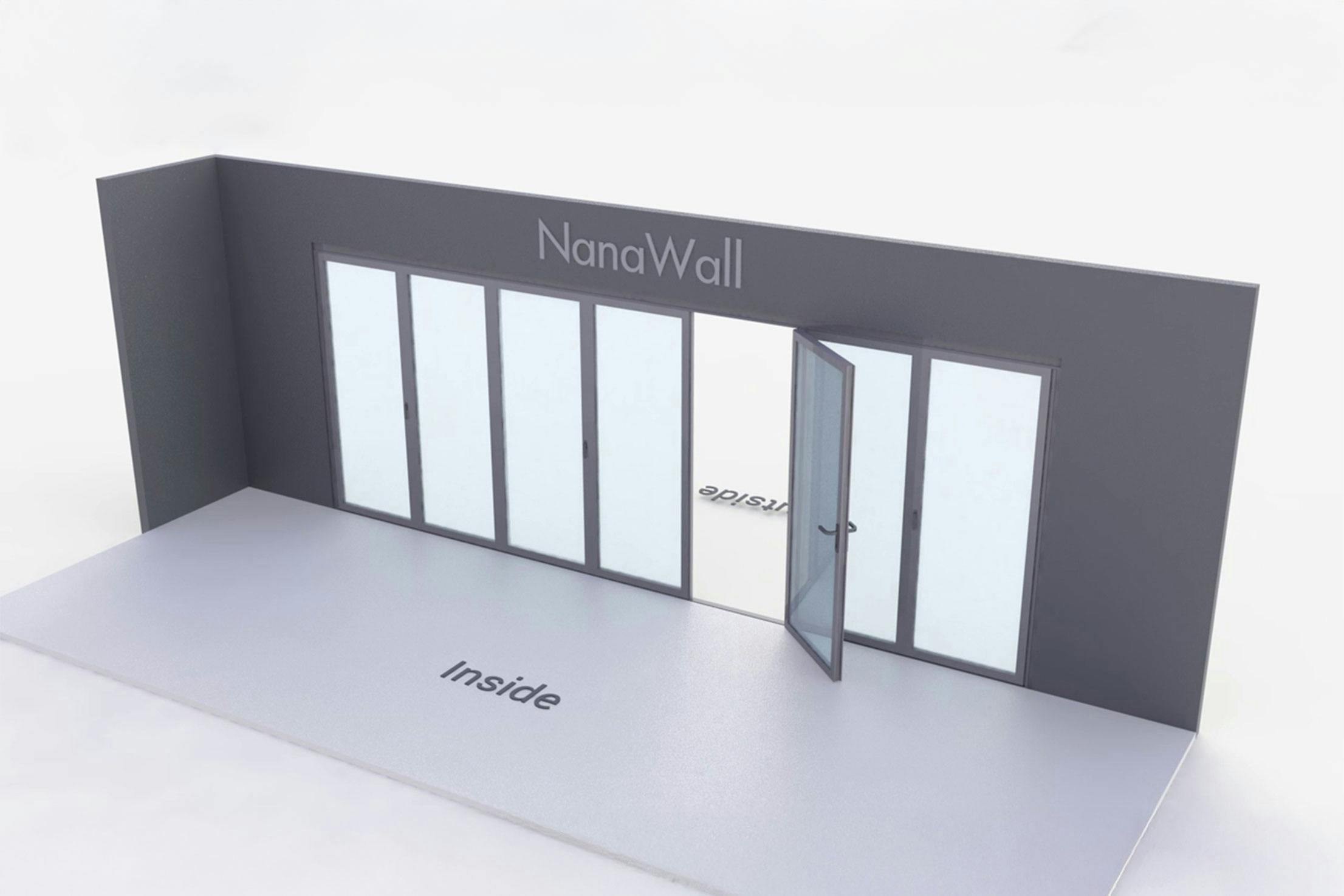 NanaWall standard configuration: 7-panel folding glass door, inward opening; 4 panels fold left and 3 panels fold right (i4L3R)