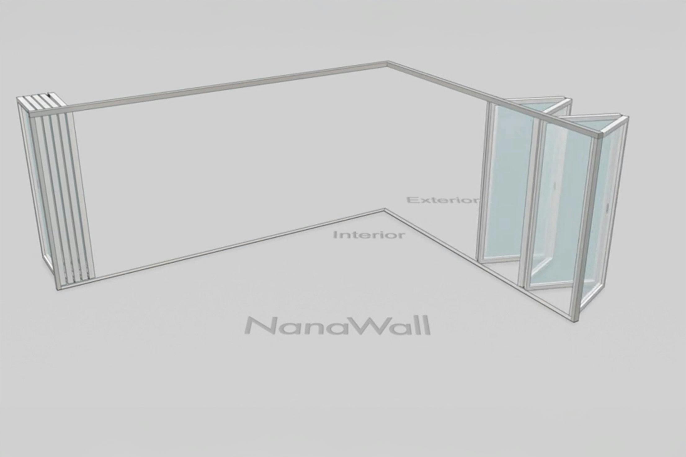 NanaWall open-corner configuration: 9-panel folding glass door, outward opening; 5 panels fold left and 4 panels fold right (o5L4R)