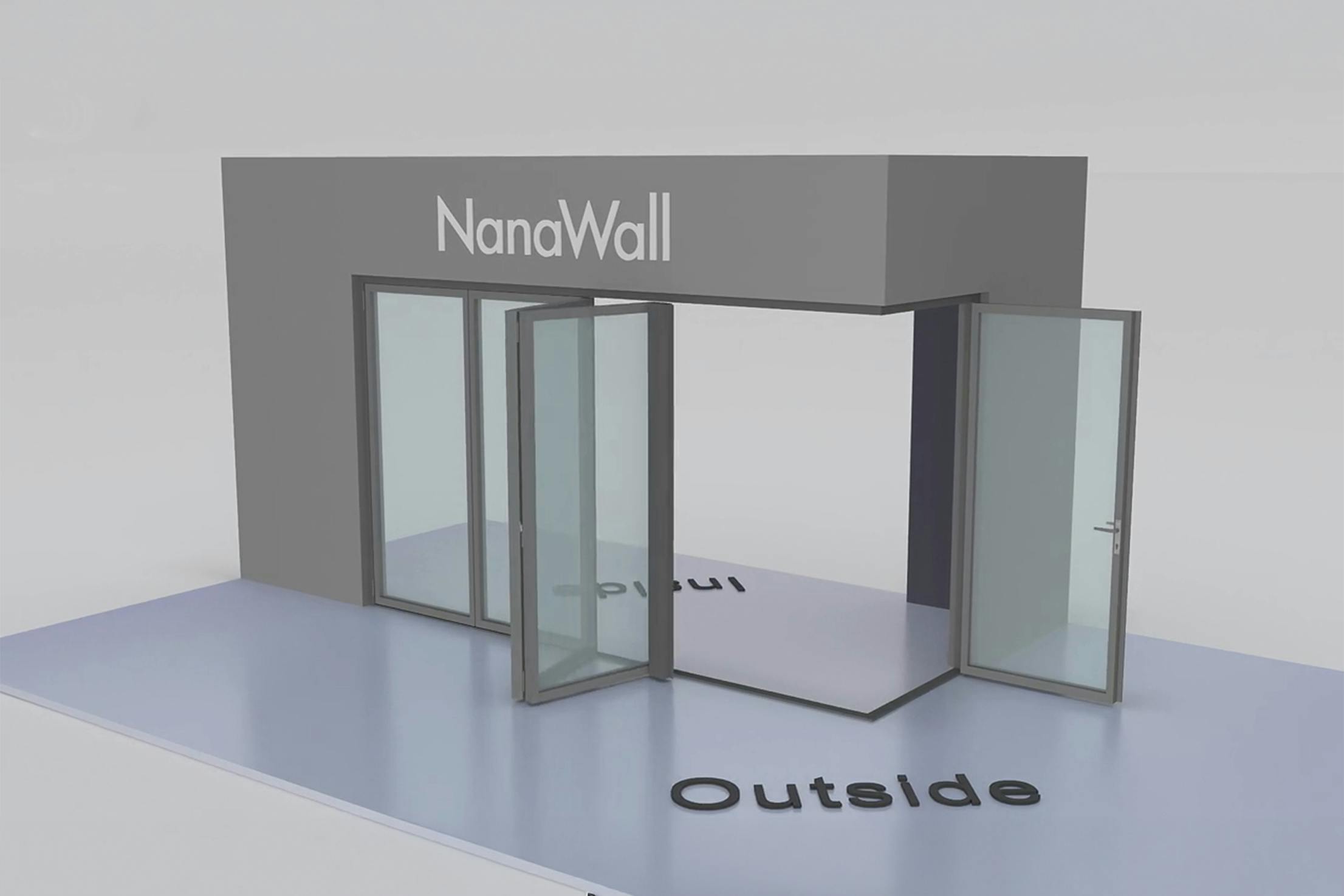 NanaWall open-corner configuration: 5-panel folding glass door, outward opening; 1 panel folds left and 4 panels fold right (o1L4R)