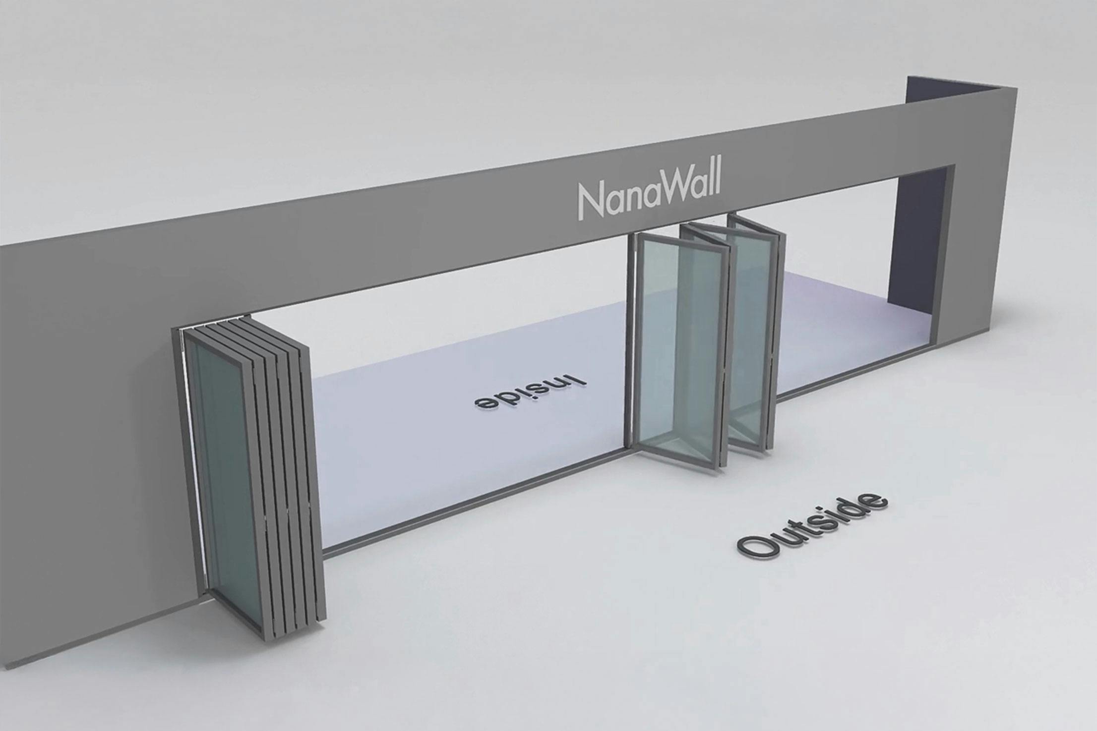 NanaWall Fourfold/Sixfold configuration: 10-panel folding glass door, outward opening; 4-panel set folds left/right and 6-panel set folds left/right (o4LR, 6LR)