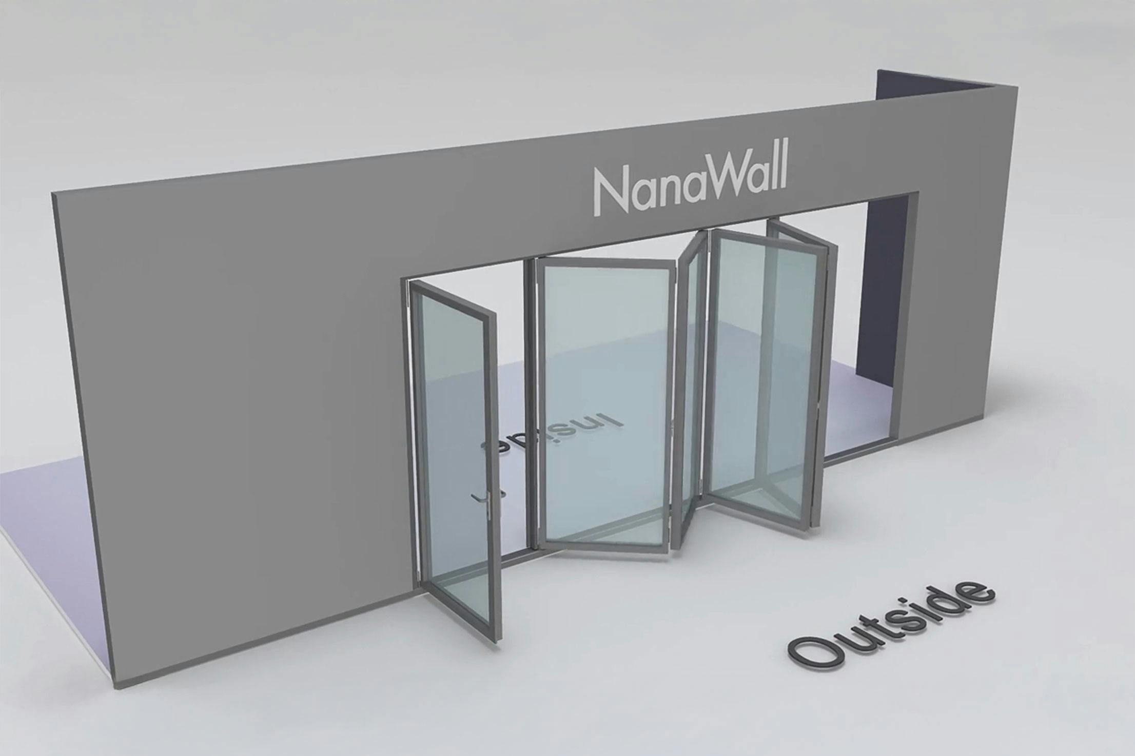 NanaWall Fourfold configuration: 5-panel folding glass door, outward opening; 4-panel set folds left/right and 1 panel folds right (o4LR, 1R)