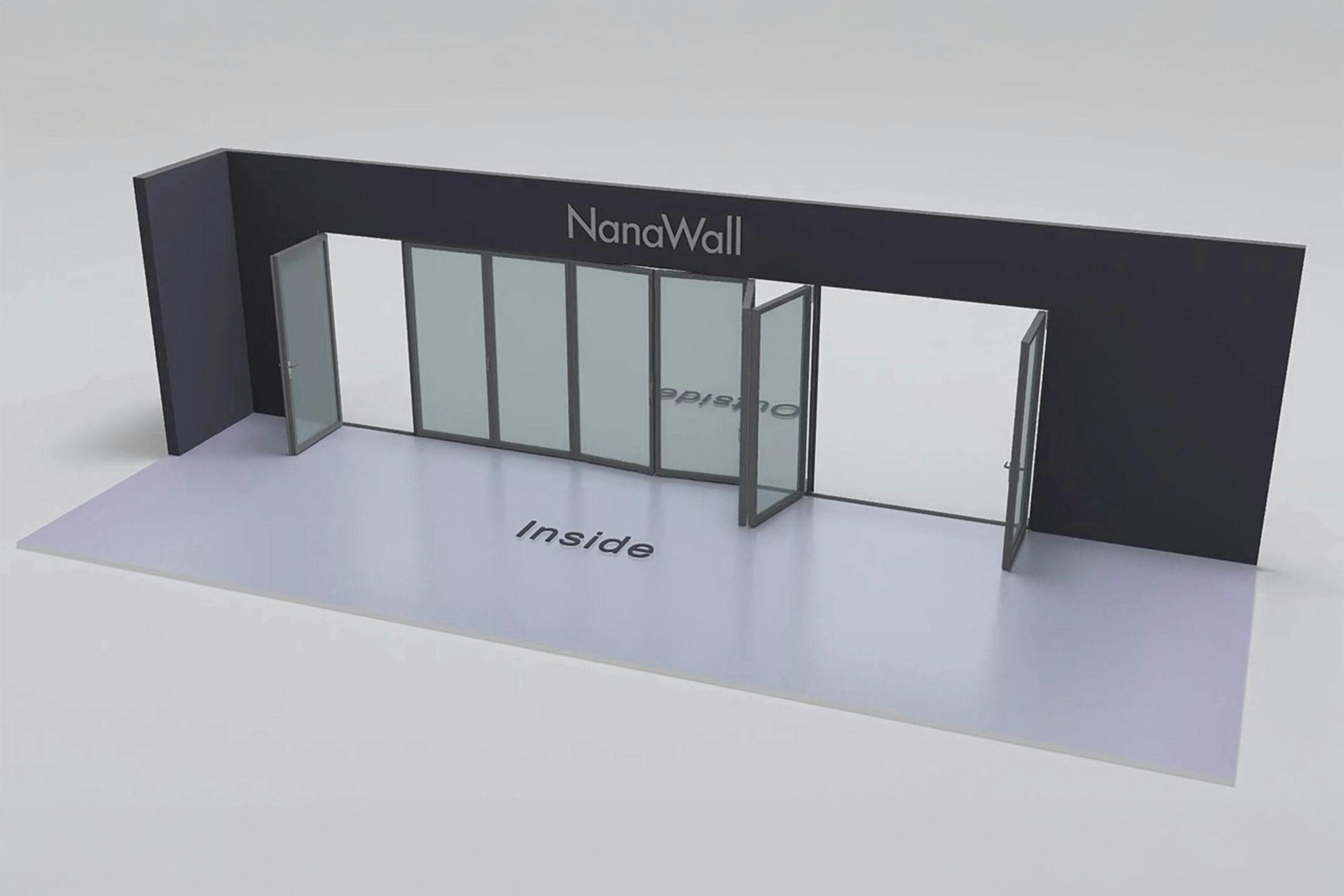 NanaWall Fourfold/Sixfold configuration: 8-panel folding glass door, inward opening; 1 panel folds left, 6-panel set folds left/right, and 1 panel folds right (i1L, 6LR, 1R)