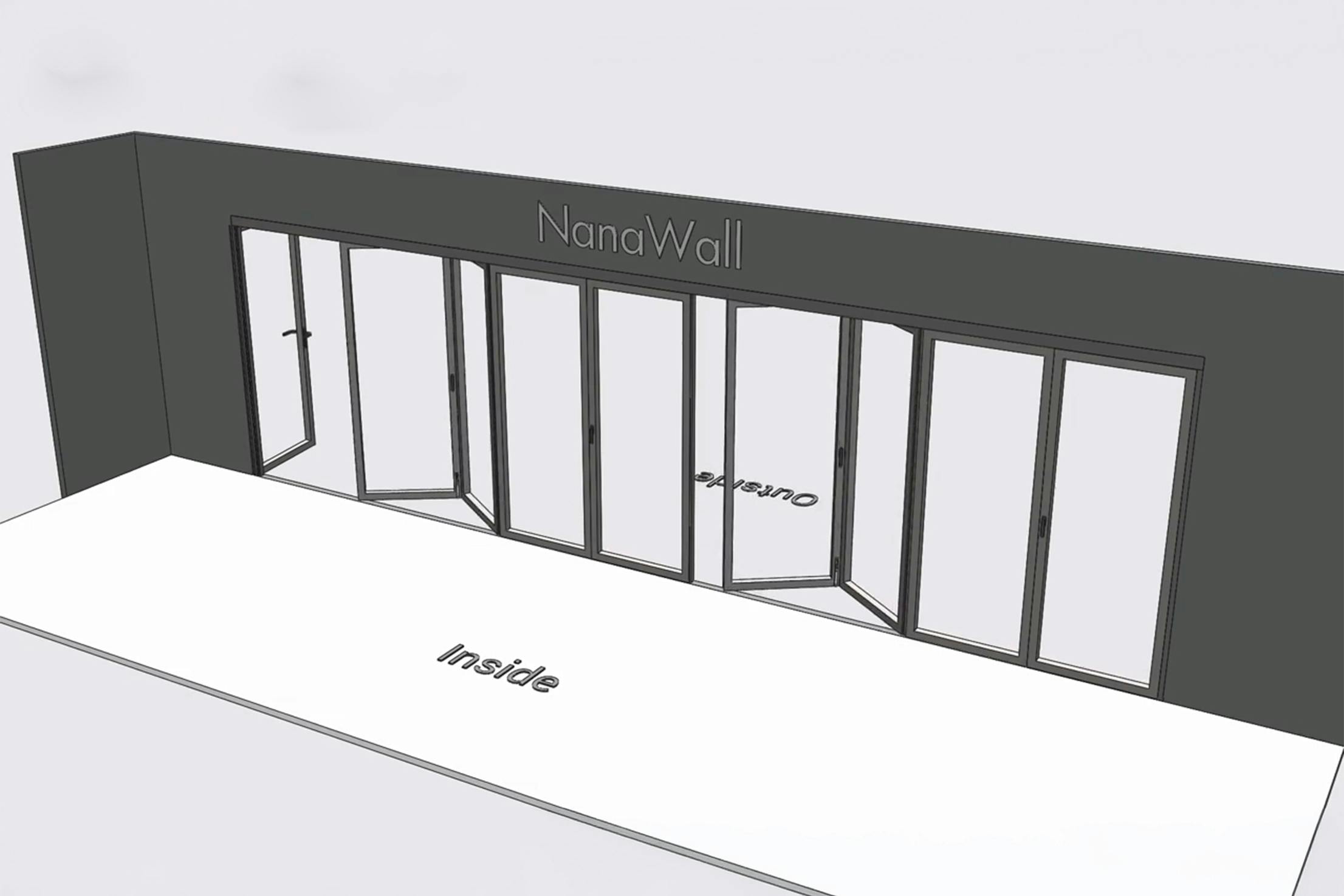 NanaWall Fourfold configuration: 9-panel folding glass door, outward opening; 1 panel folds left and two 4-panel sets fold left/right (o1L, 4LR, 4LR)