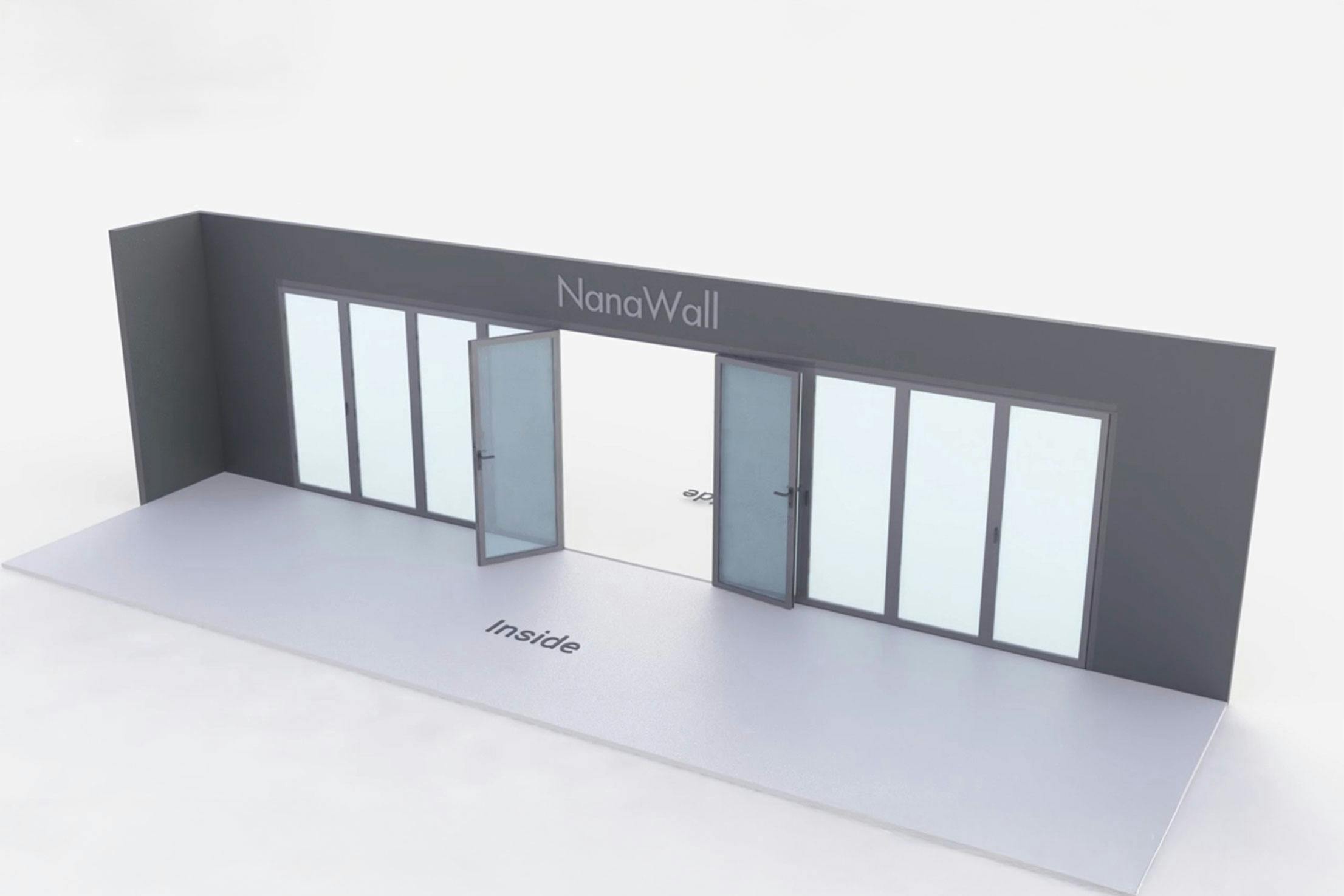 NanaWall standard configuration: 3-panel folding glass door, outward opening; 2 panels fold left and 1 panel folds right (o2L1R)