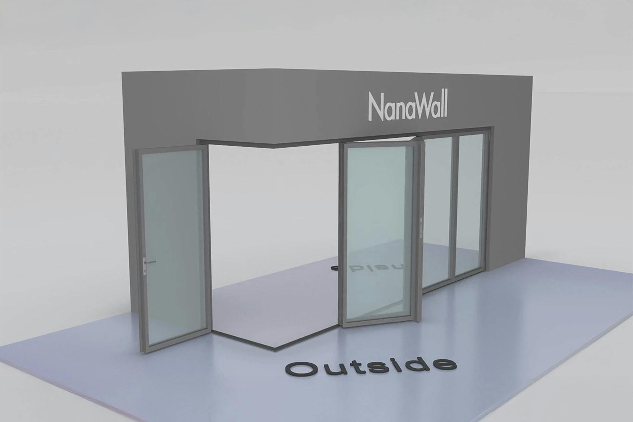 NanaWall open-corner configuration: 6-panel folding glass door, outward opening; 5 panels fold left and 1 panel folds right (o5L1R)