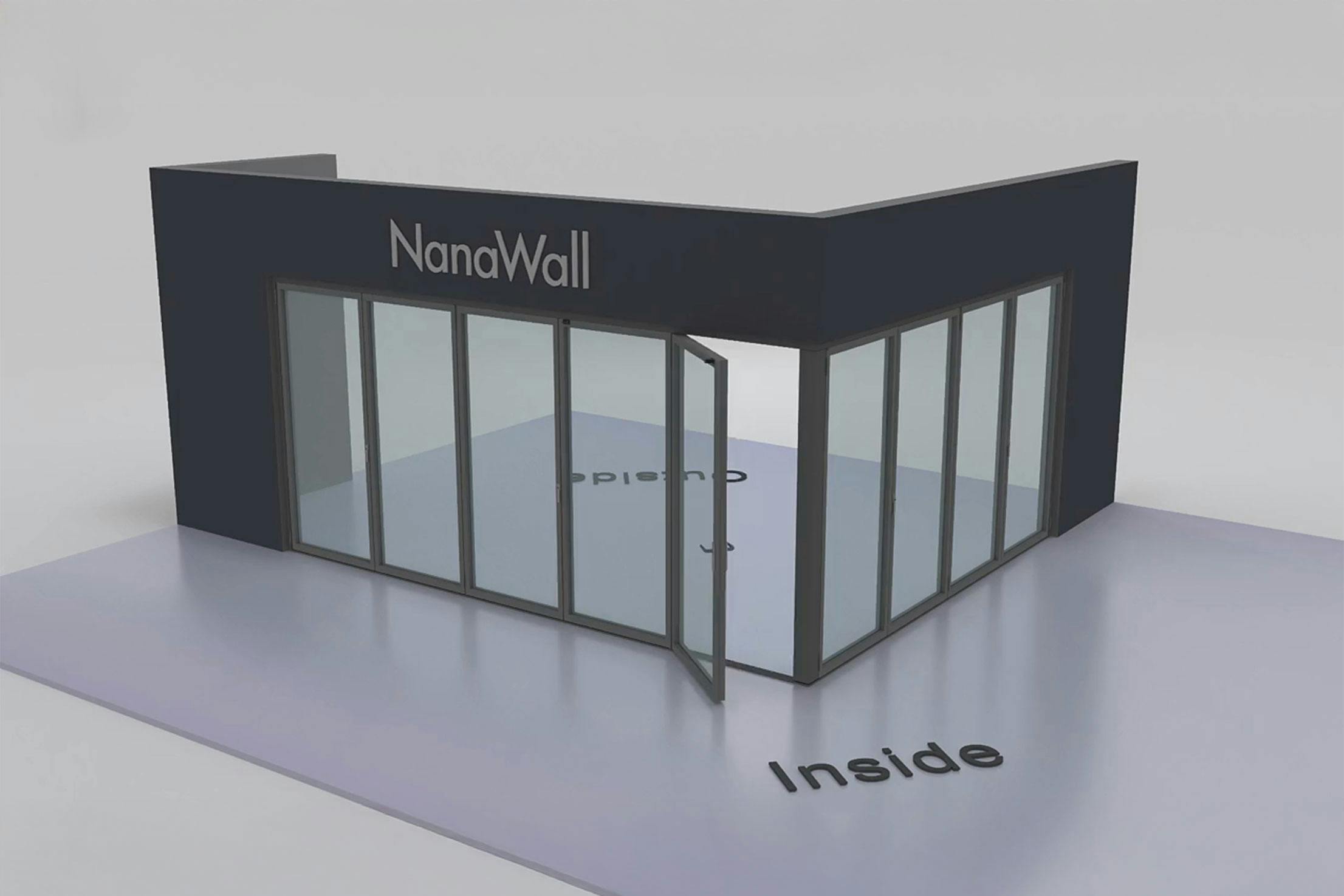 NanaWall open-corner configuration: 9-panel folding glass door, inward opening; 5 panels fold left and 4 panels fold right (i5L4R)