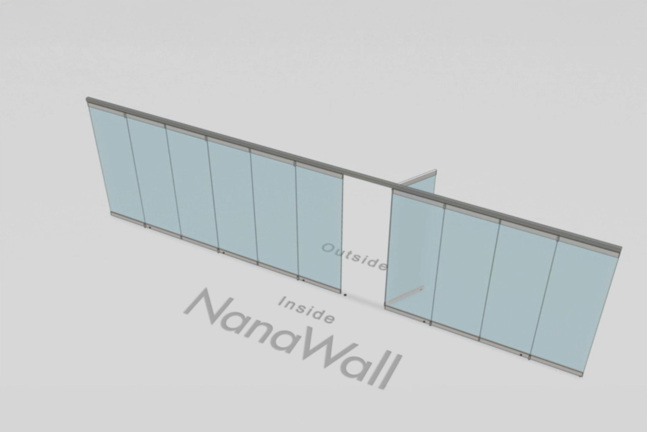 NanaWall standard configuration: 11-panel folding glass door, outward opening; 6 panels fold left and 5 panels fold right (o6L5R)