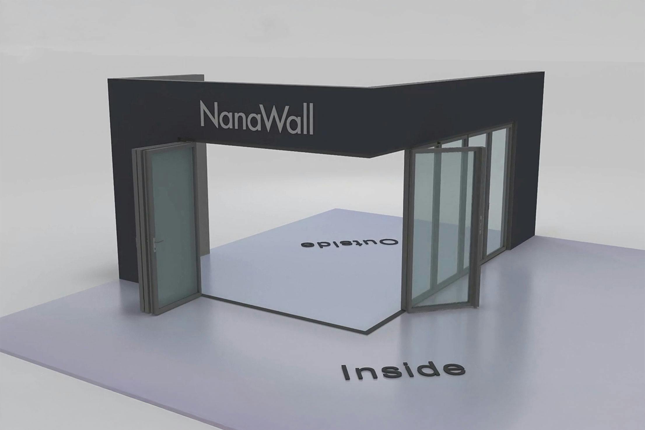 NanaWall open-corner configuration 3L 5R: panels meet at a 90° corner with three panels stacking left and five panels stacking right