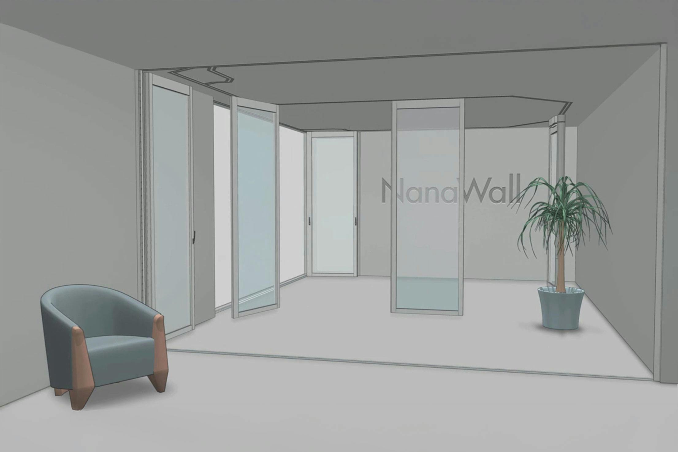 NanaWall responsive design configuration: operable glass wall panels on a single track can be repositioned between openings to adapt space and circulation