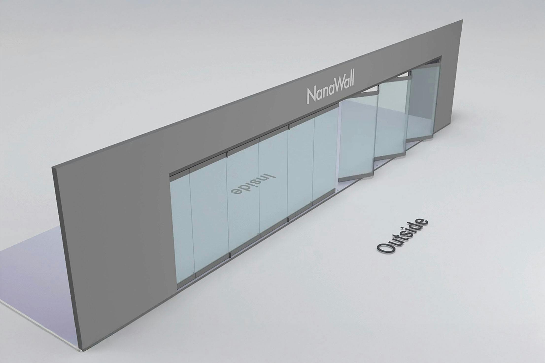 NanaWall standard configuration: 12-panel folding glass door, outward opening; 6 panels fold left and 6 panels fold right (o6L6R)