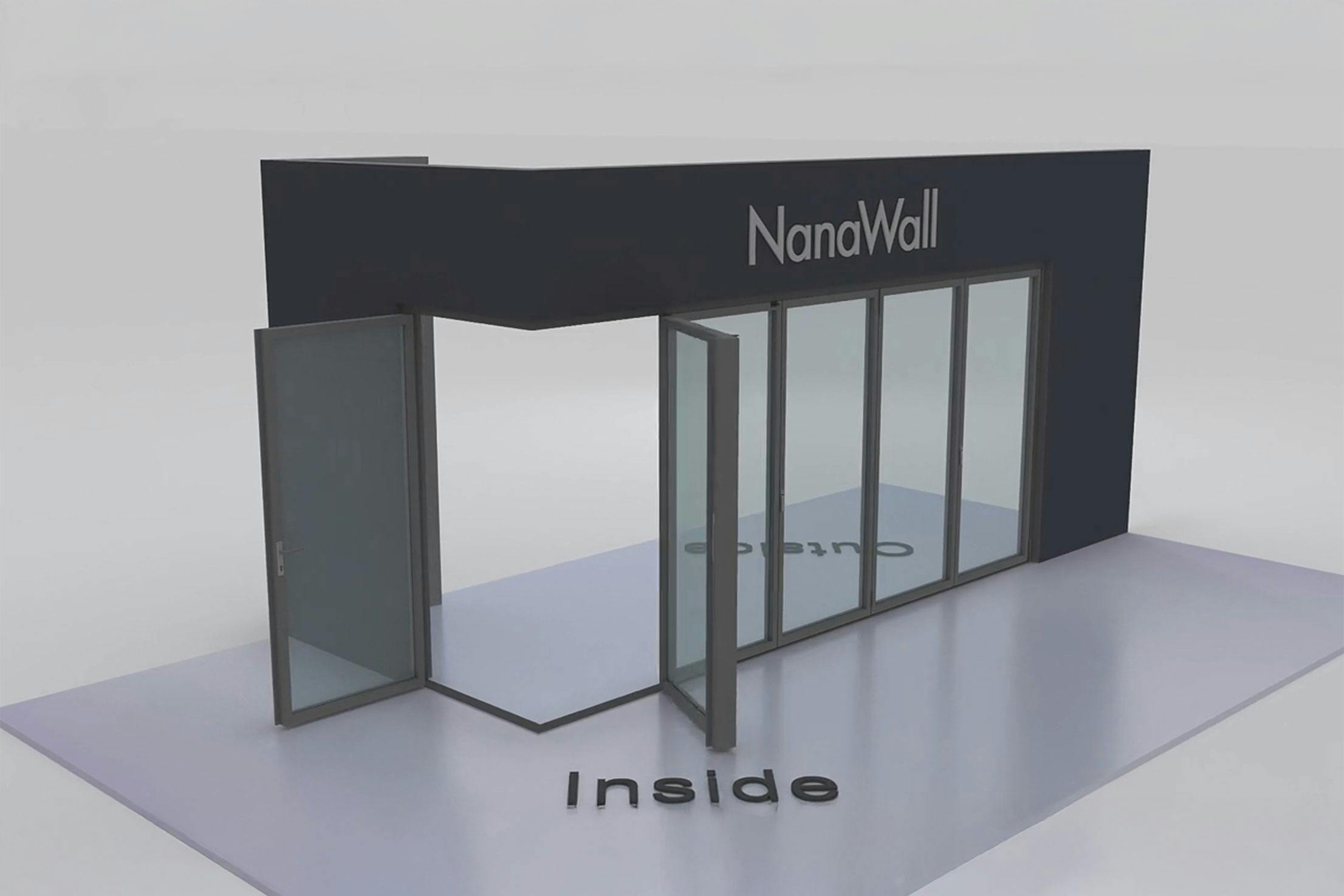 NanaWall open-corner configuration 1L 5R: panels meet at a 90° corner with one panel stacking left and five panels stacking right