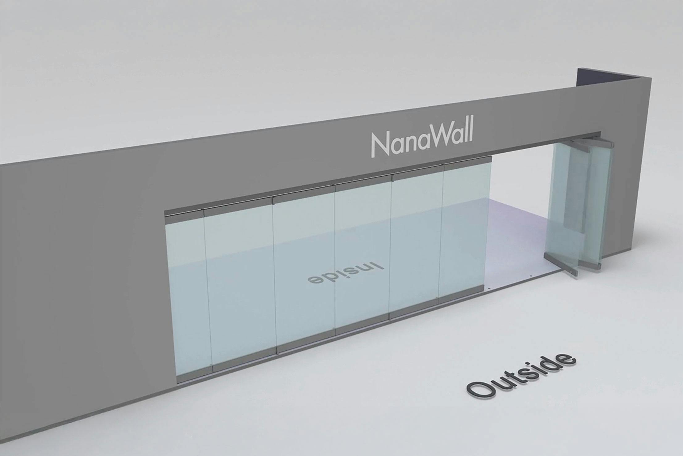 NanaWall standard configuration: 9-panel folding glass door, outward opening; 3 panels fold left and 6 panels fold right (o3L6R)