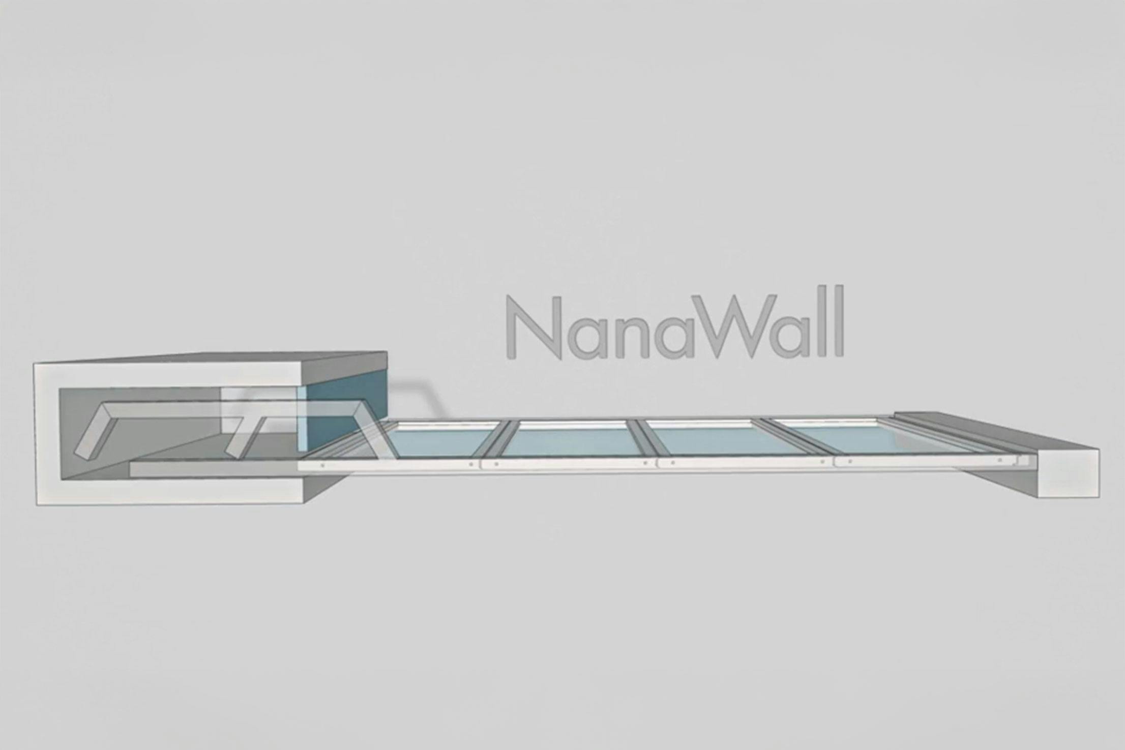 NanaWall enclosed stack configuration (Pocket C): panels stack into an enclosed bay, remaining concealed while keeping the opening clear