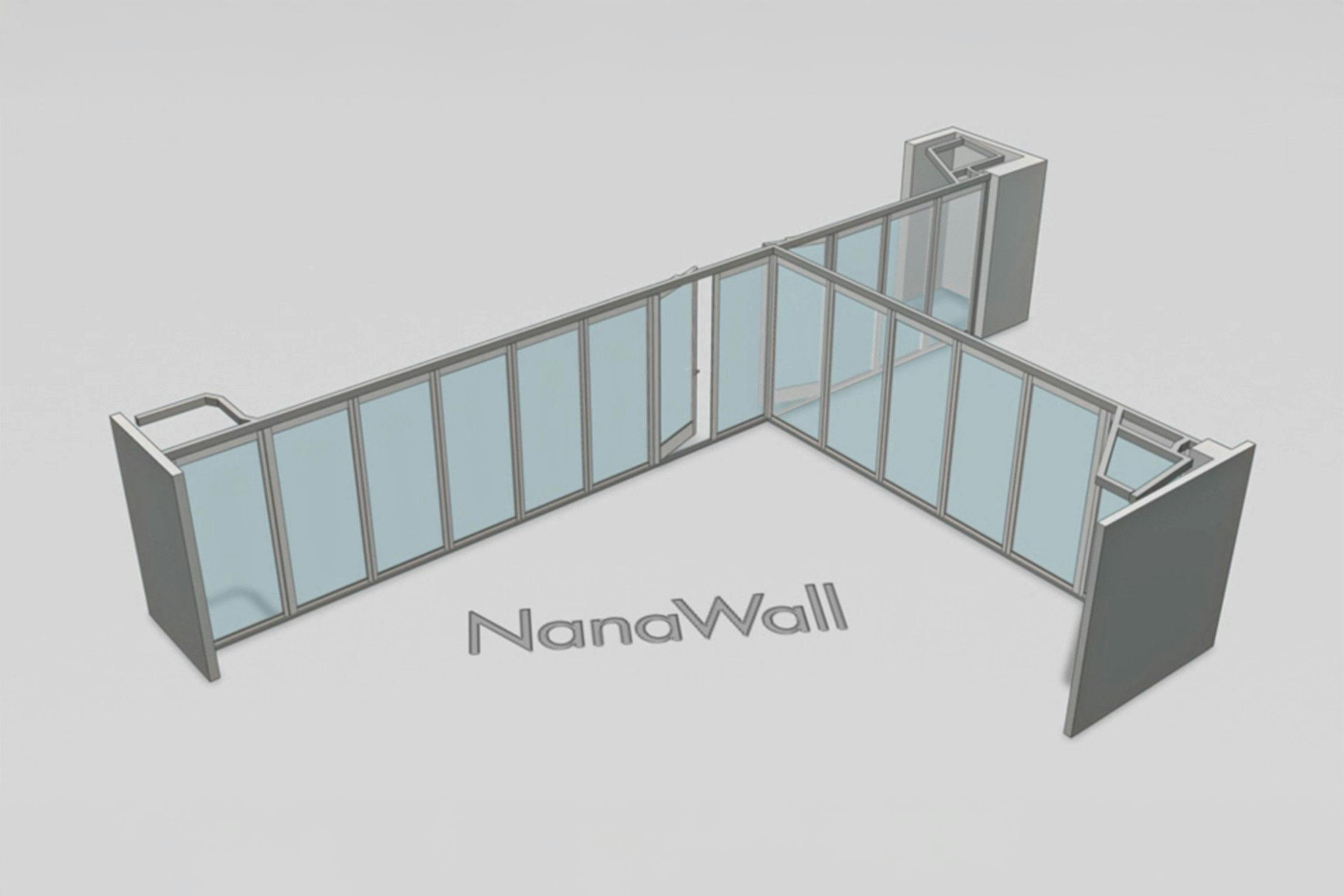 NanaWall T-intersection configuration: operable glass walls connect at a 90° junction, forming a T-shaped layout that enables multi-directional openings and flexible space planning