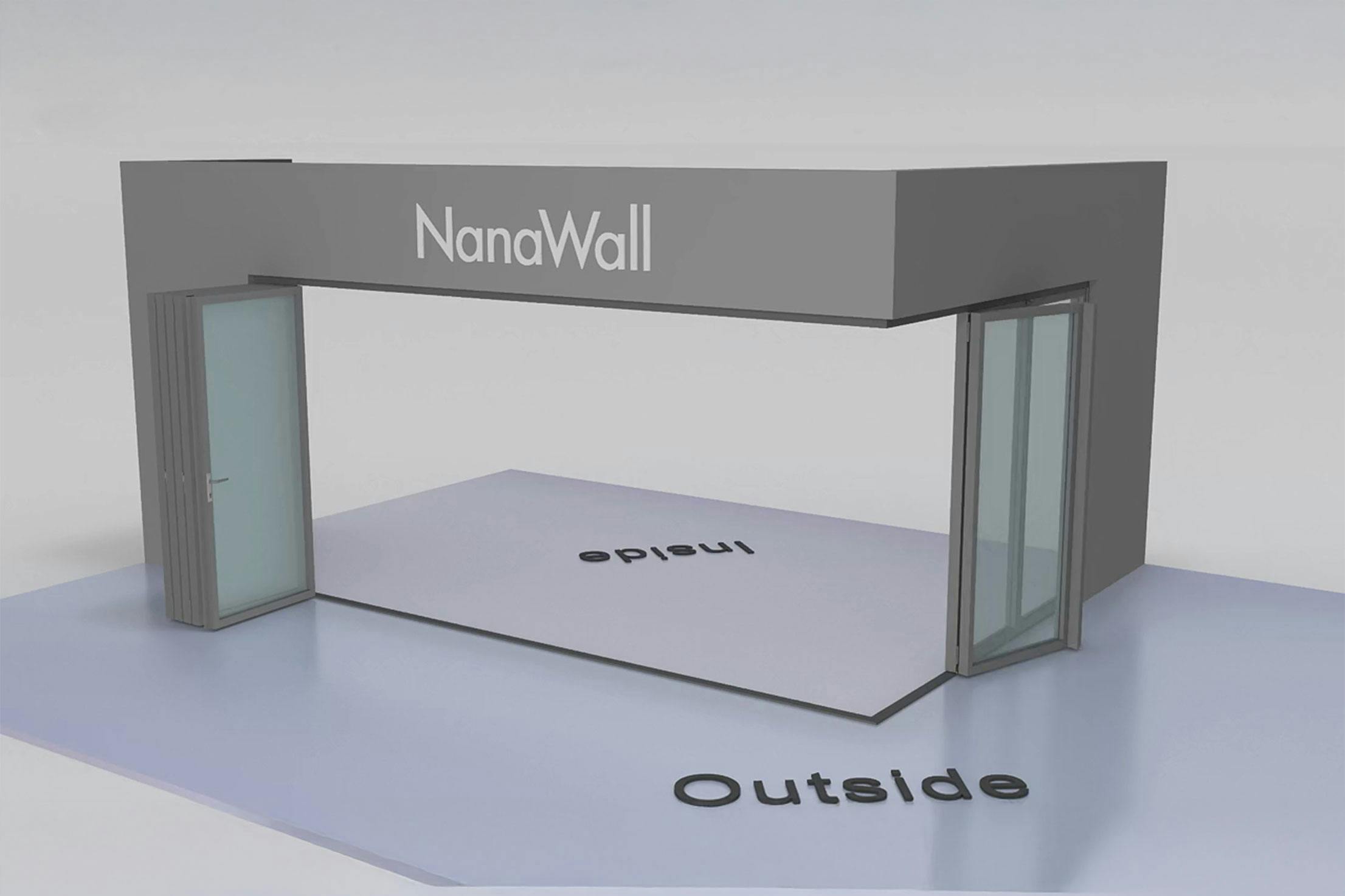 NanaWall open-corner configuration: 8-panel folding glass door, outward opening; 3 panels fold left and 5 panels fold right (o3L5R)