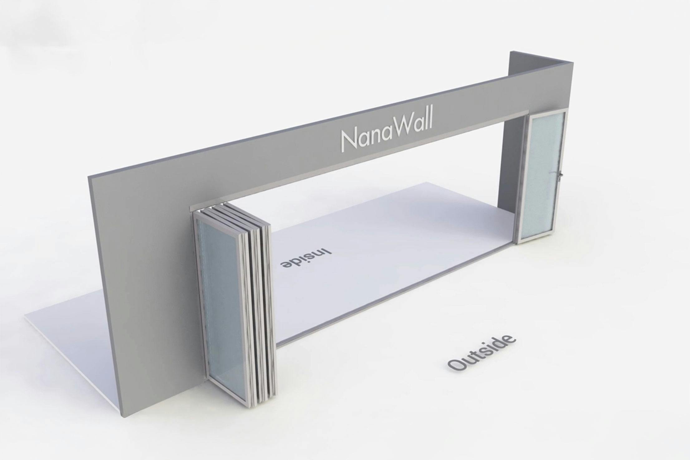 NanaWall standard configuration: 7-panel folding glass door, outward opening; 1 panel folds left and 6 panels fold right (o1L6R)