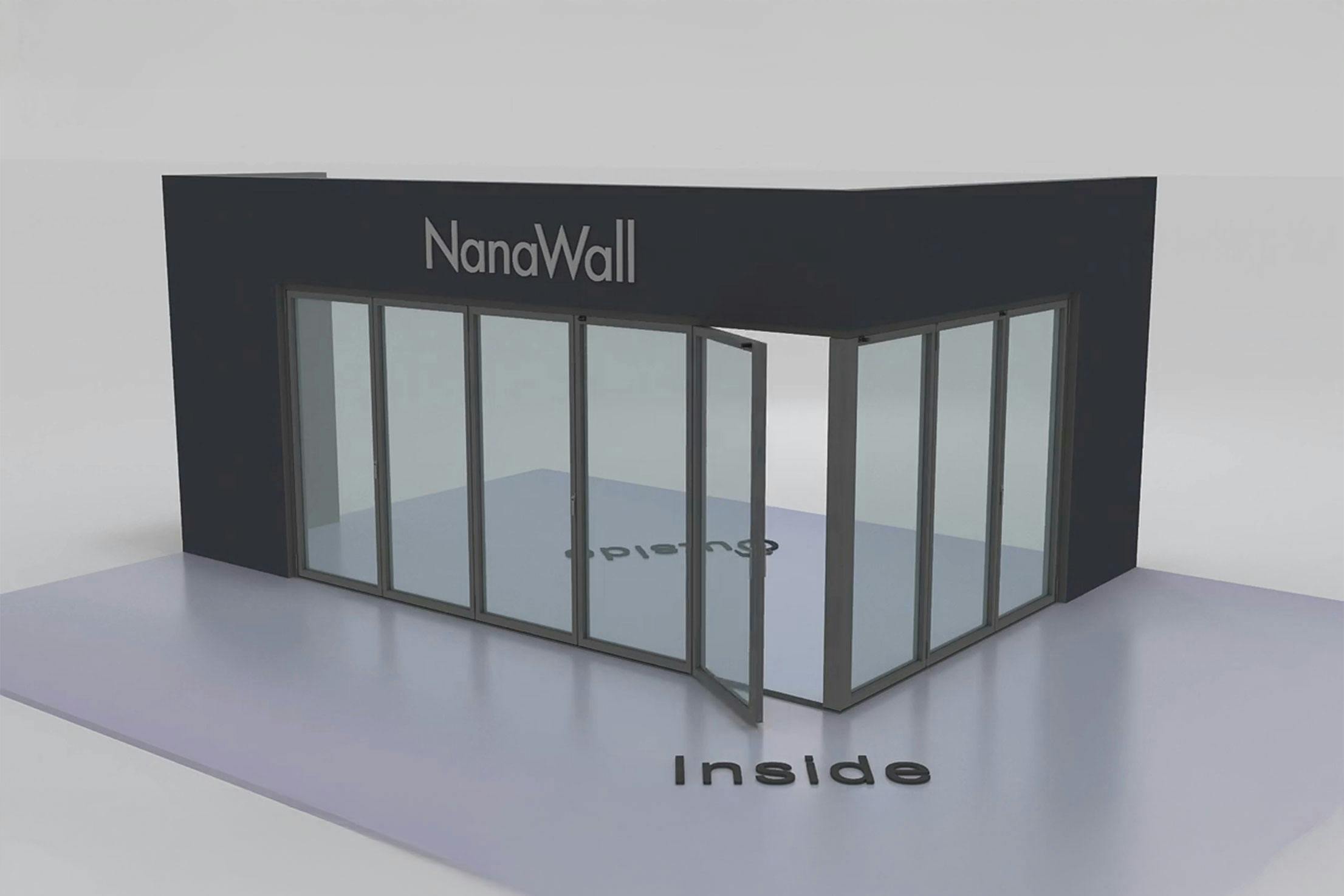 NanaWall open-corner configuration: 8-panel folding glass door, inward opening; 5 panels fold left and 3 panels fold right (i5L3R)