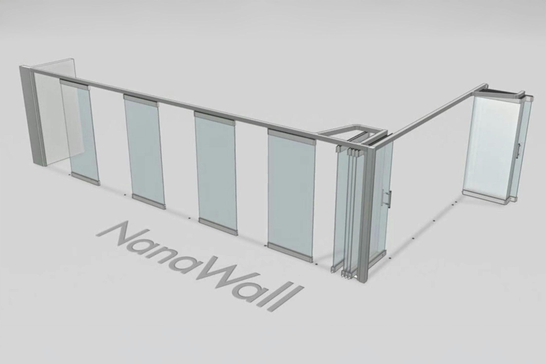NanaWall RemoteSTACK® configuration: sliding panels move along a single track and park in remote bays on both sides of the opening