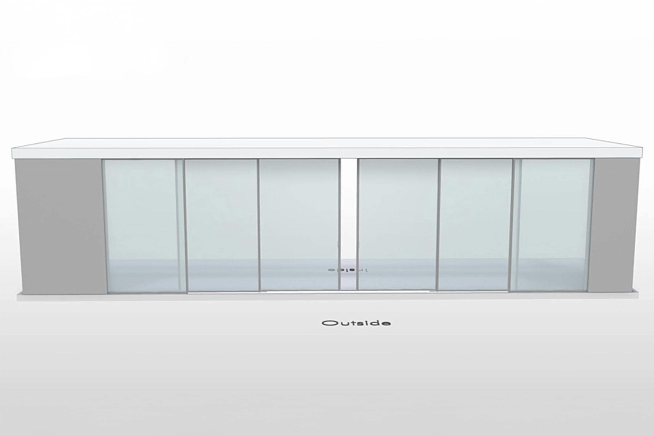 NanaWall CERO non-pocketing configuration: 6-panel sliding glass wall with four center panels sliding open and fixed panels on both sides (OXXXXO)