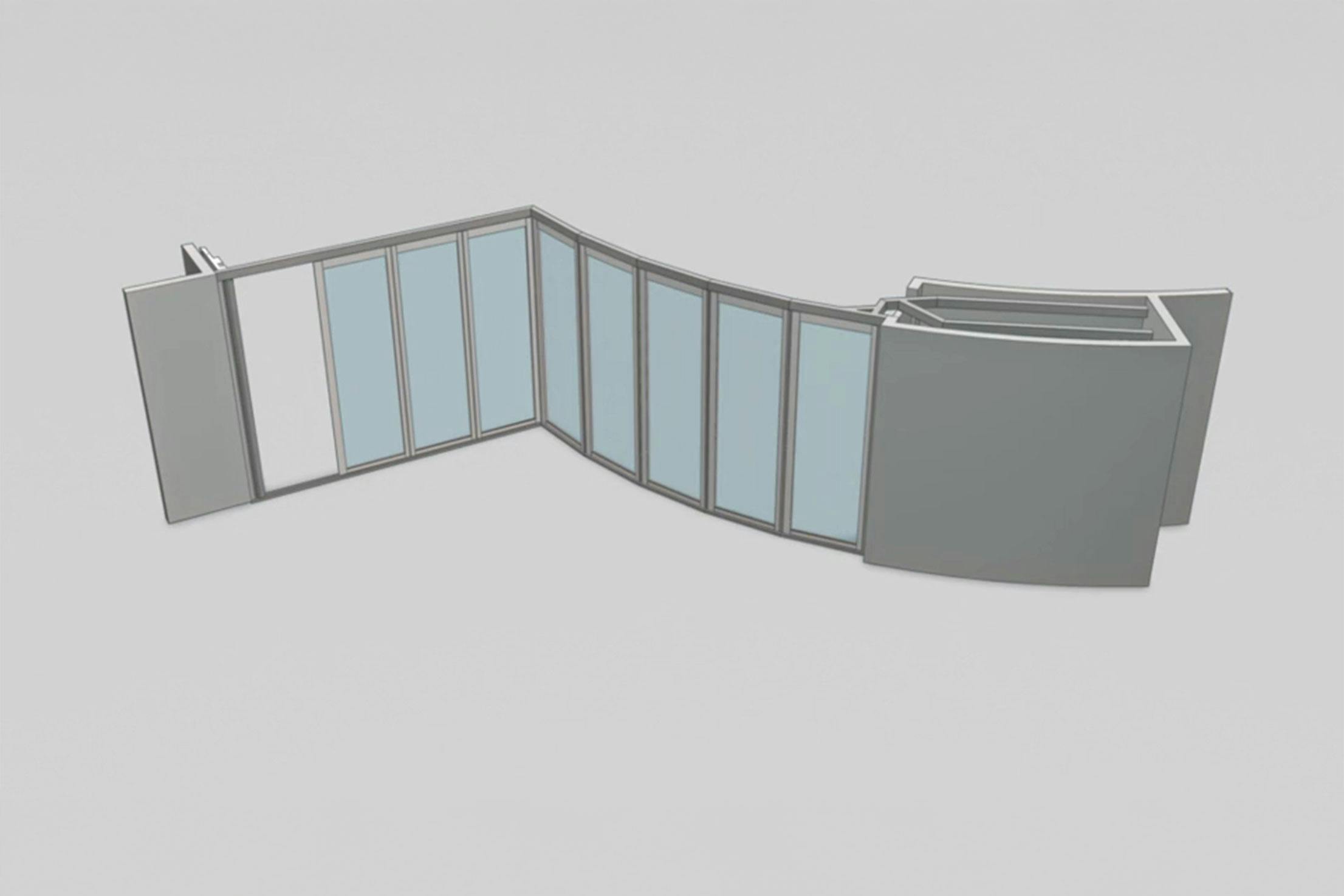 NanaWall HSW60 parking bay configuration: operable glass wall panels turn and stack at 90° into a curved side bay, keeping the main opening clear.