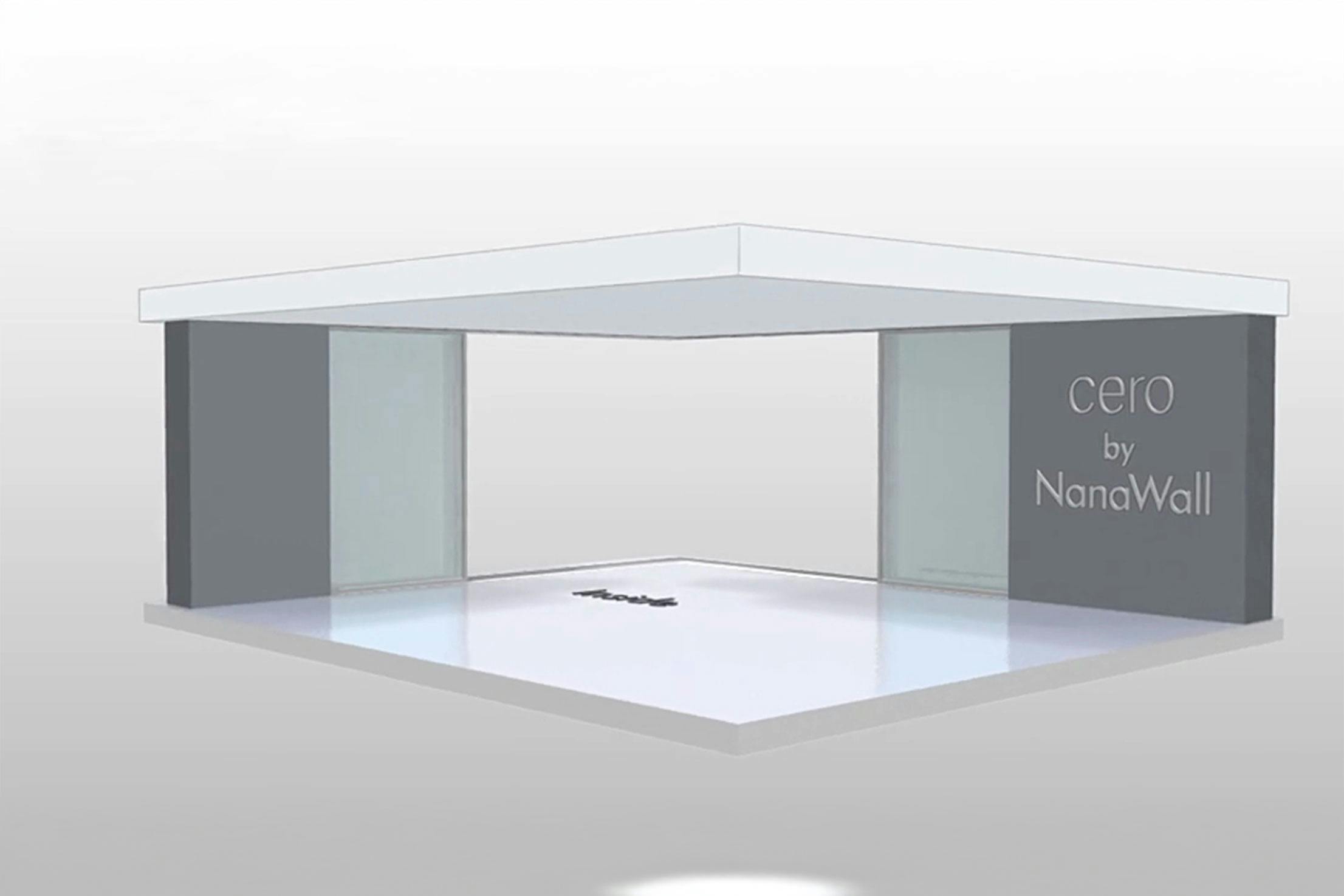 NanaWall CERO open-corner configuration: sliding glass wall with fixed end panels and multiple sliding panels creating a cornerless opening (OXXXXO)