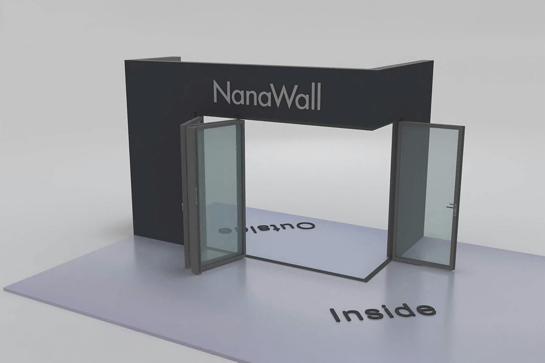 NanaWall open-corner configuration 3L 1R: panels meet at a 90° corner with three panels stacking left and one panel stacking right